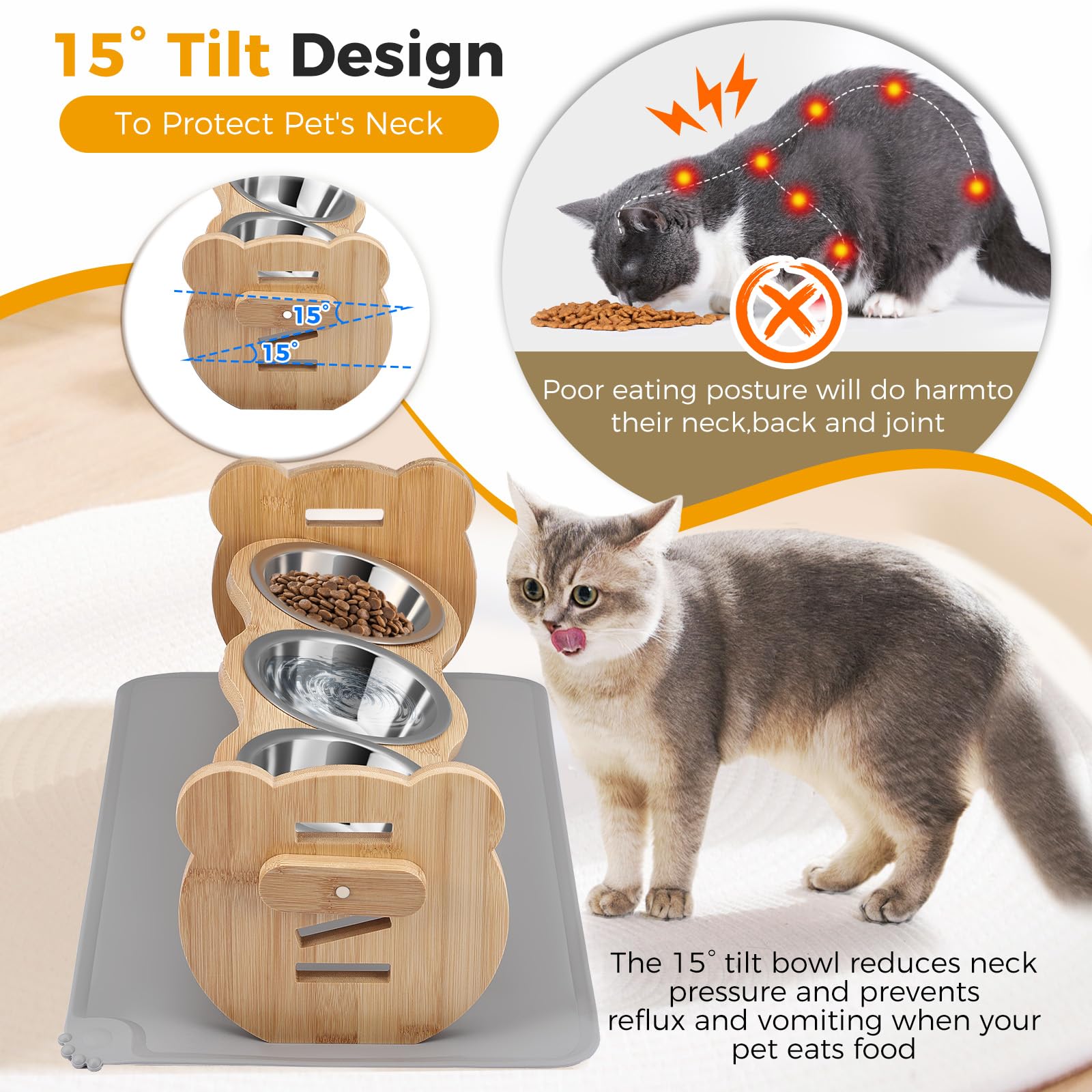 Erhöhter Katzennapf, Katzennäpfe mit Ständer geneigt für Katzen, 4 Höhen verstellbare Katzennäpfe auf Ständer, geneigter Holzständer mit 4 Edelstahlnäpfen und Matte für Haustiere Katzen Welpen Futter