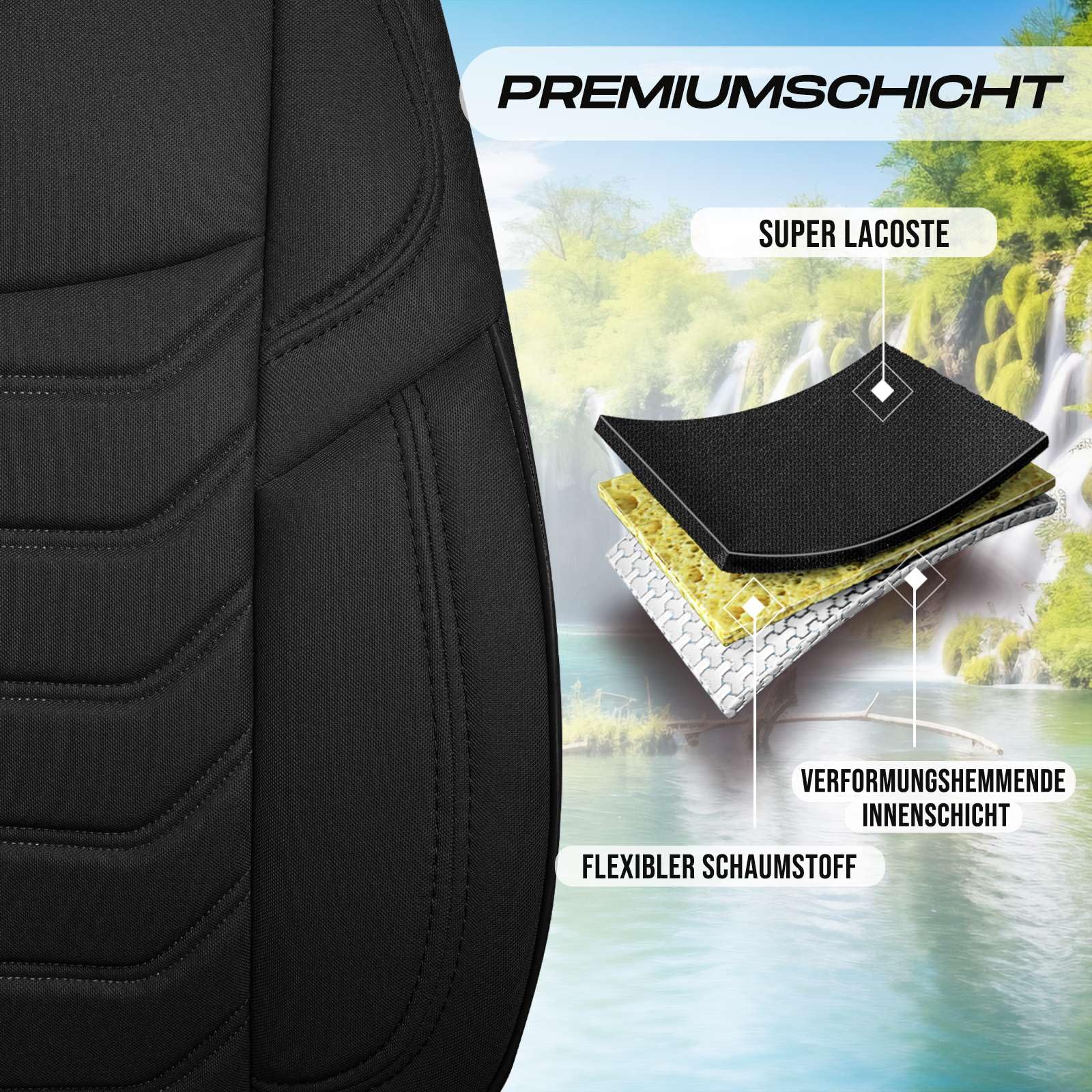 Autositzbezüge Universal für PKW & SUV – Premium Vordersitze Auto Sitzbezug aus Lacoste-Stoff, Schwarz, Airbag-Kompatibel Sitzauflage, Autoschonbezug, Vordersitz-Set inkl. Montageset