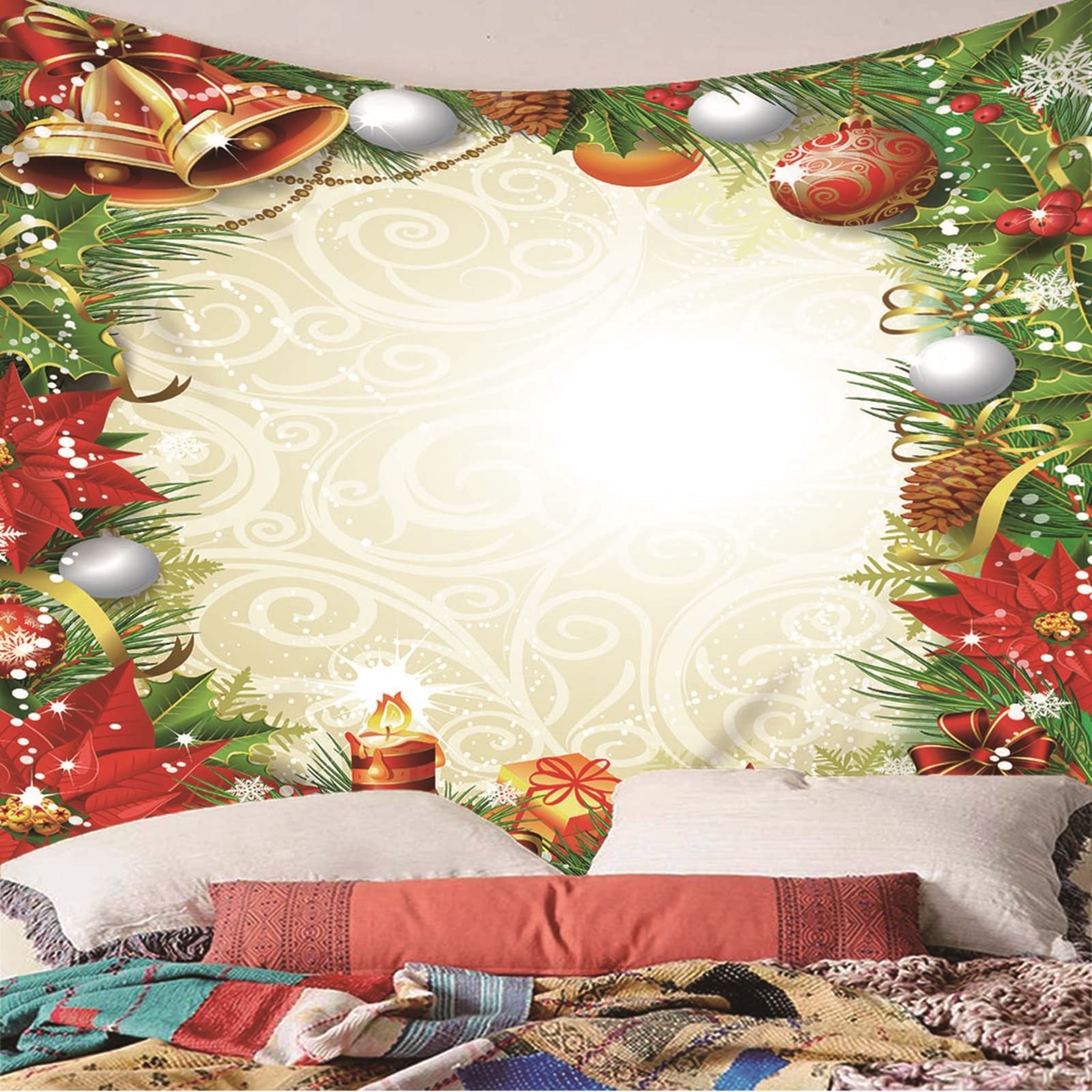 AMDXD Tenture Murale Noël 350x256 Cm - Tapisserie Rayée Rouge Vert Polyvalente