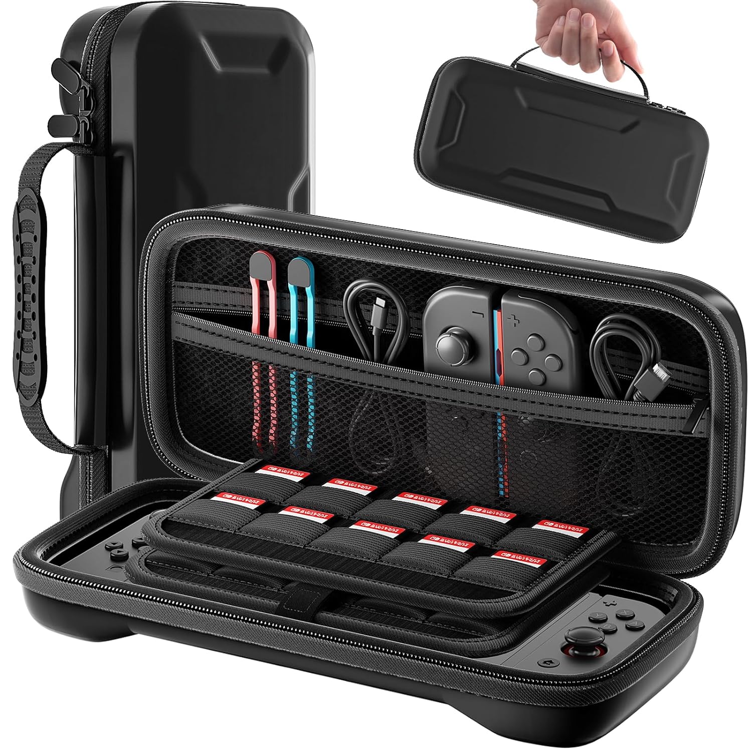 KCKTR Nintendo Switch 2 Carrying Case (2025), Hard Shell Protective Travel Portable Pouch Holds 24 game cartridges, with Game Card Slots & Inner Pocket for Accessories, Black Black leather