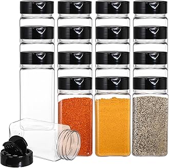 Bekith 16 Pack Plastic Spice Jars Bottles for Storing Spice, Herbs and Powders - 250ml BPA Free Plastic Spice Containers with Black Flip Top Cap to Pour or Shaker/Sifter