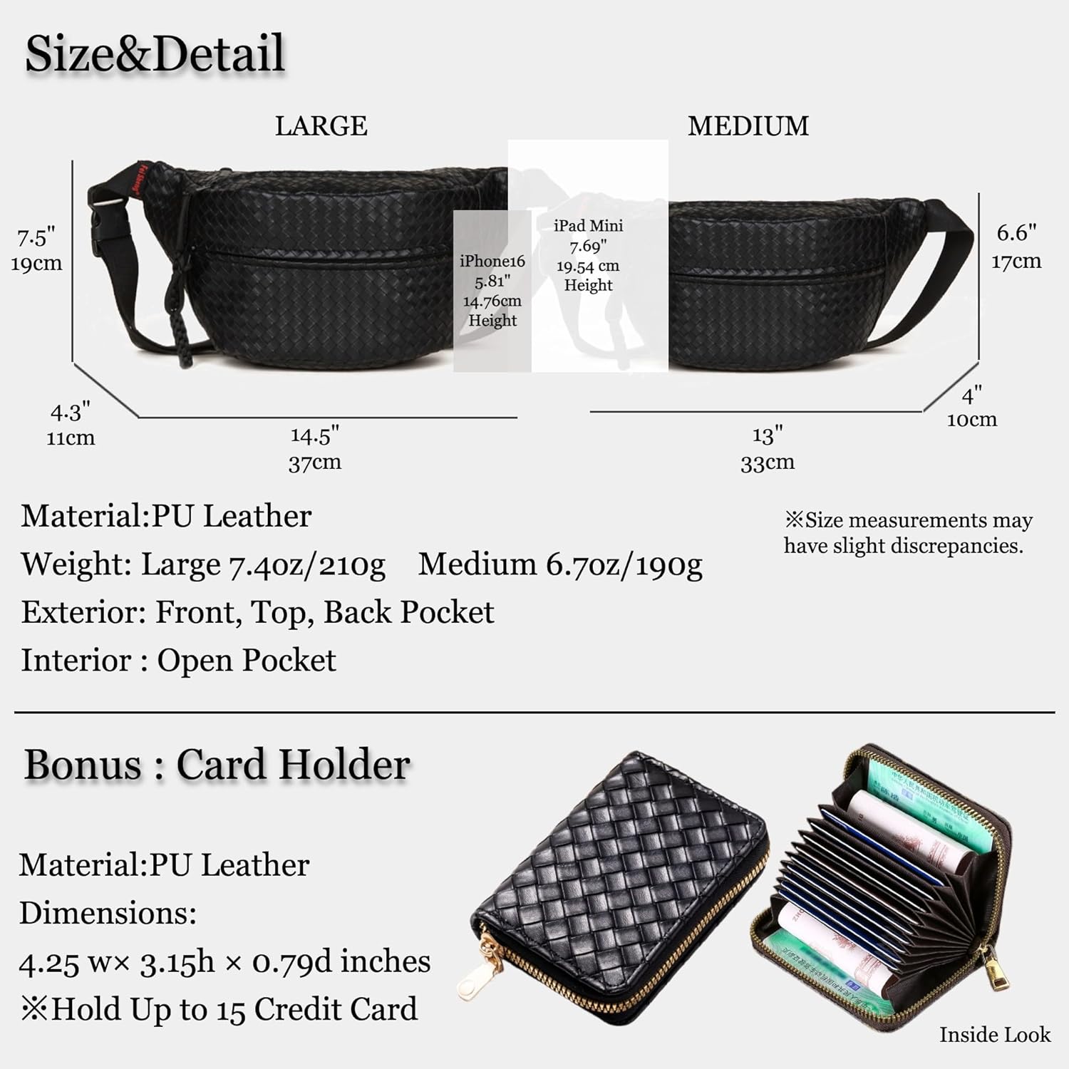 Woven PU Leather Fanny Packs for Men and Women, Stylish Shoulder Sling Crossbody Purse Adjustable Strap, Unisex Bum Waist Bags for Festival Travel Shopping Outdoor (Black, Large) - Image 5