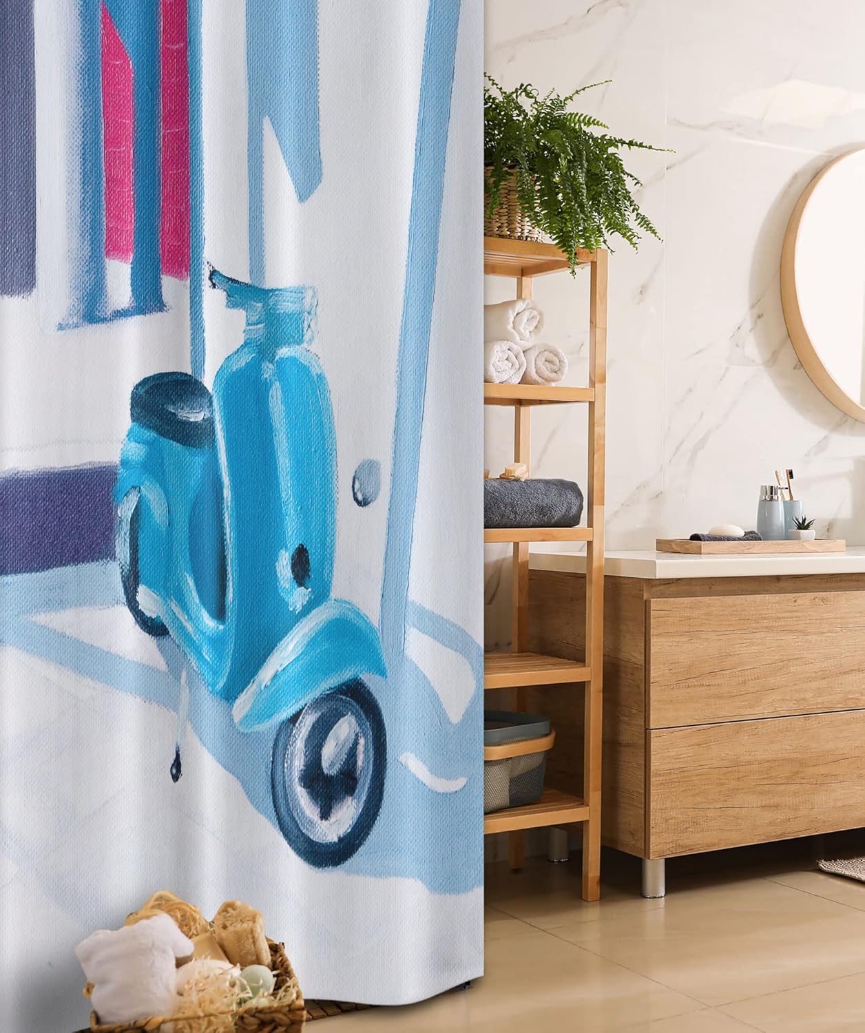 Ambesonne Country Stall Shower Curtain, Mini Scooter in Soft Mediterranean Mid Day Italian Town Life Art Paint Print, Fabric Bathroom Decor Set with Hooks, 36" W x 72" L, Blue Grey