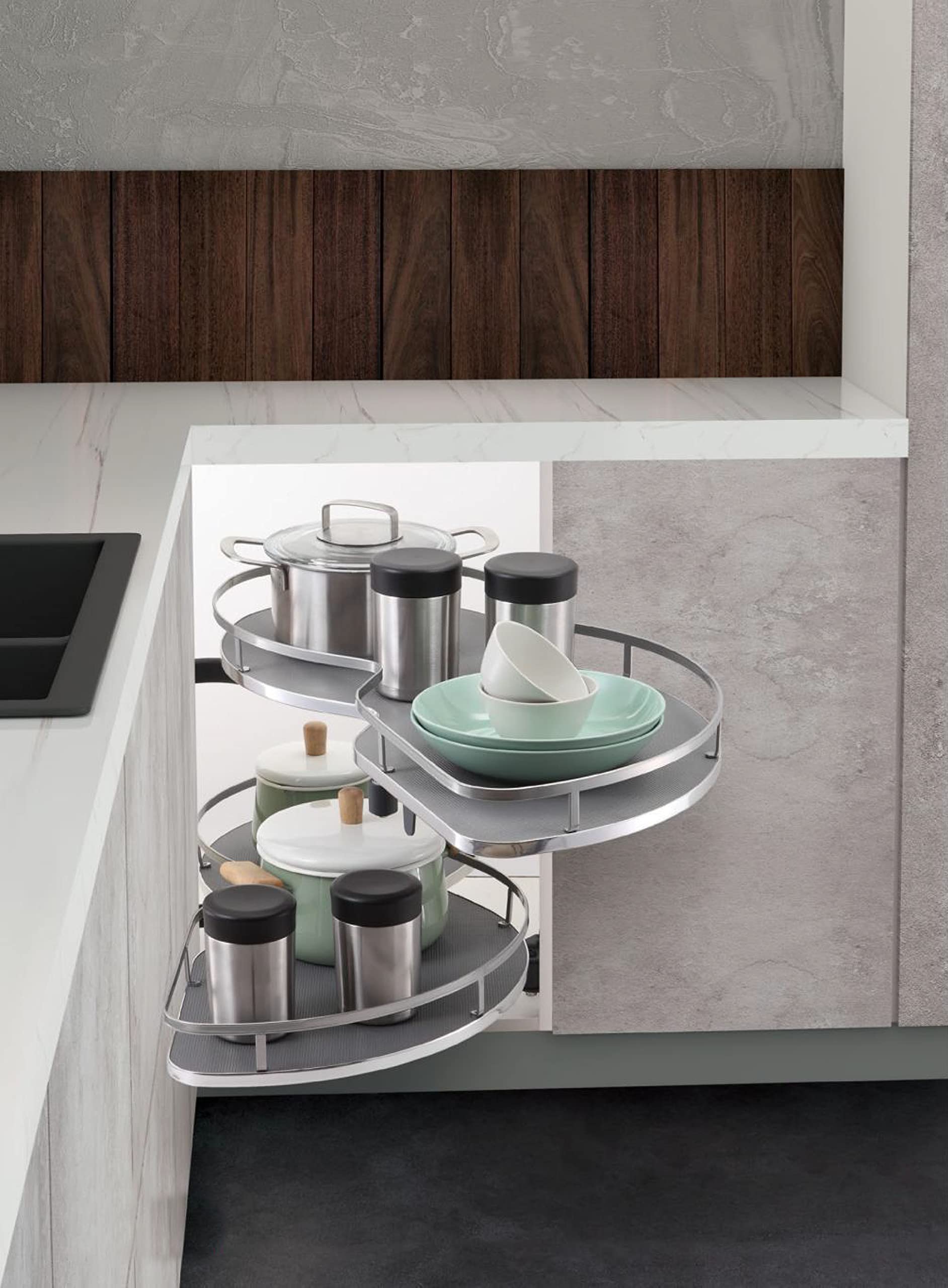 Avocetmobily Stainless Steel Carousel Swing Corner Soft Close Right Side Swing Tray White (Cabinet Width 950mm) with matt