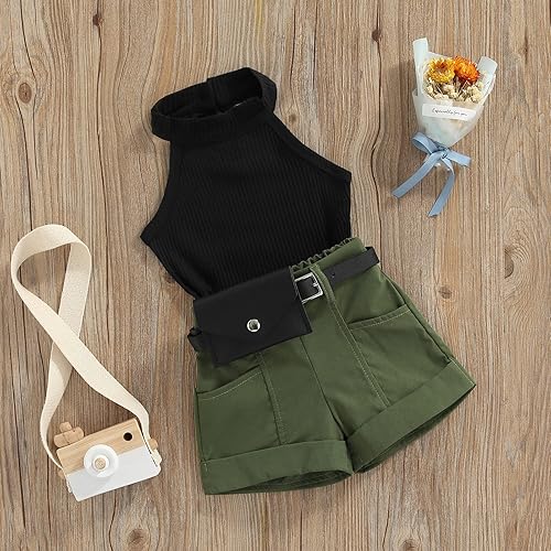 Miniatura 3 de TheFound Trajes de verano para niñas pequeñas, sin mangas, de punto acanalado, halter, pantalones cortos, ropa para recién nacidos, conjunto de 3