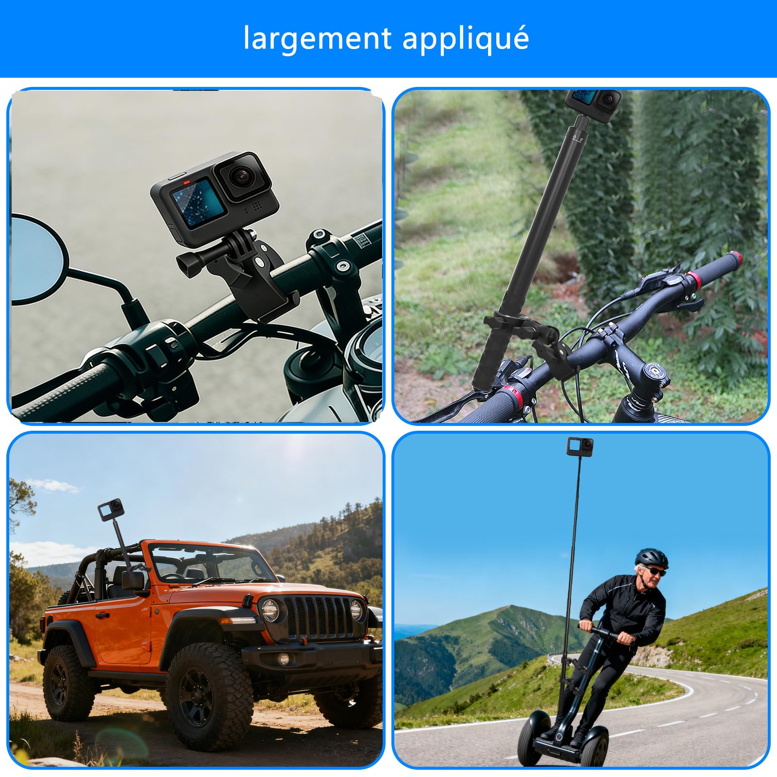 Supporto per selfie per moto, 150 cm, con doppio morsetto, manubrio invisibile in lega di alluminio, per fotocamere e action camere