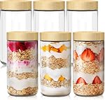 HomArtist 10oz Pots en verre à limace en bambou - 6 Conditionnement : Conteneurs polyvalents de préparation des repas avec des lids hermétiques pour l'avoine de nuit, le yogourt, les salades, la pudding chia - Grande bouche des jarres Mason avec des lides de bambou