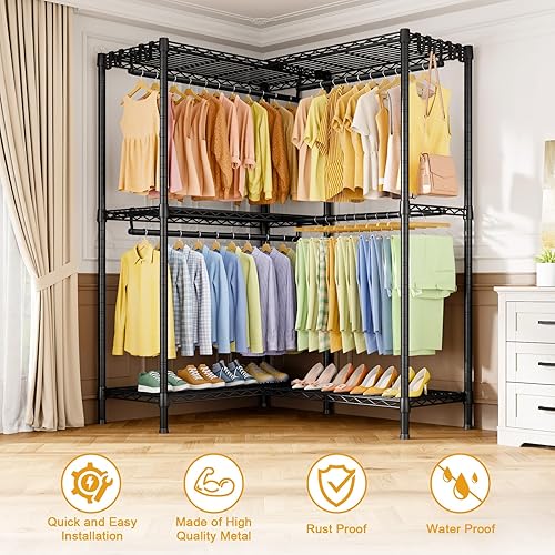 Miniatura 5 de E15 - Perchero en forma de L para esquina, perchero independiente para colgar ropa, organizador de armario resistente con 4 varillas para colgar y 8