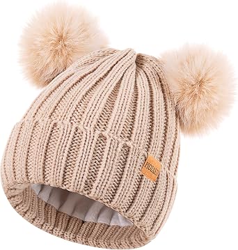 Womens Winter Warm Knit Beanie with Faux Fur Pom Skull Cap Cozy Fleece Lined Hat for Women