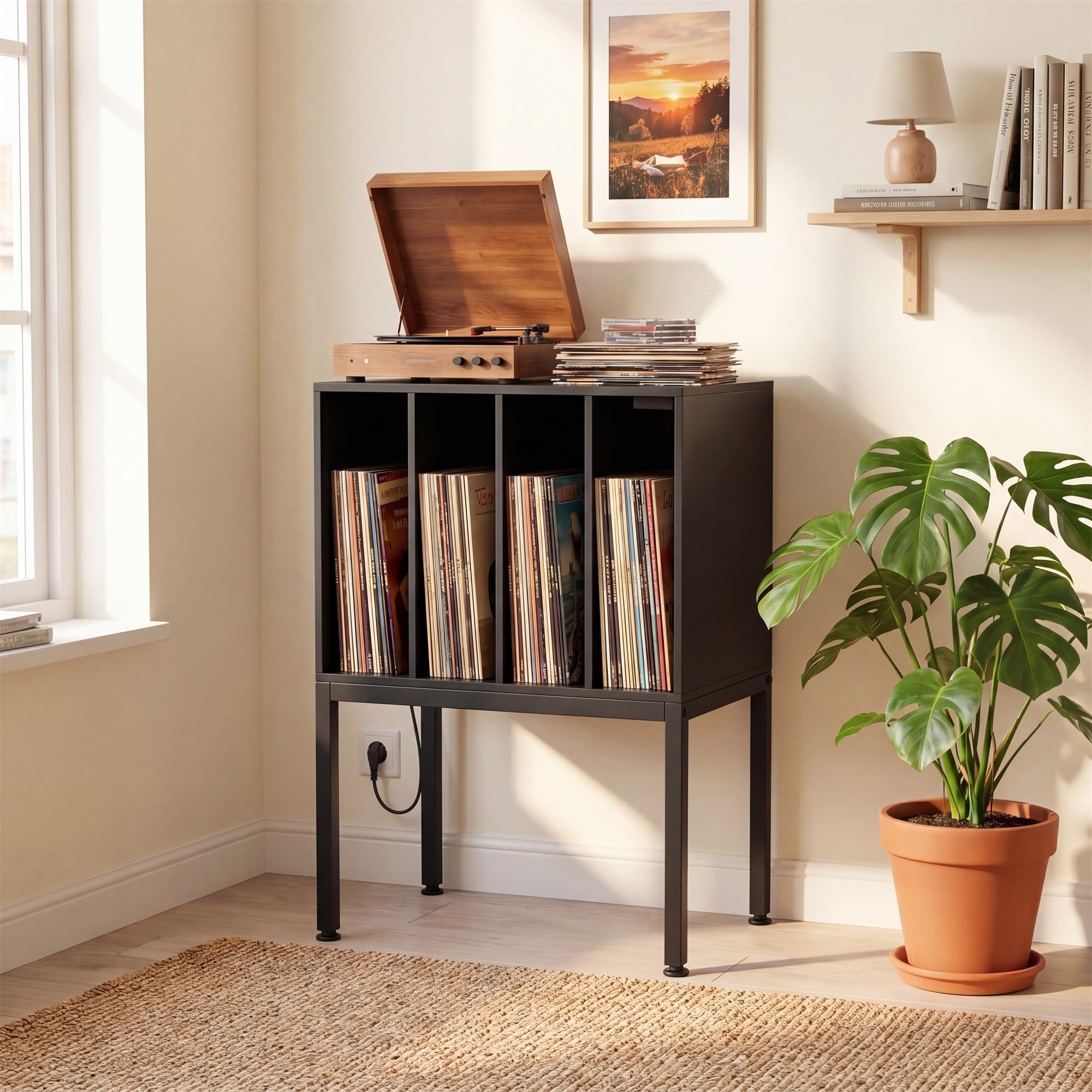 Giantex Meuble Vinyle pour Tourne Disque avec Prises, Support de Rangement Platine Vinyle avec 4 Compartiments&Pieds Surélevés, Étagère d'Exposition pour Salon&Salle de Musique, 50x40x81CM (Noir)