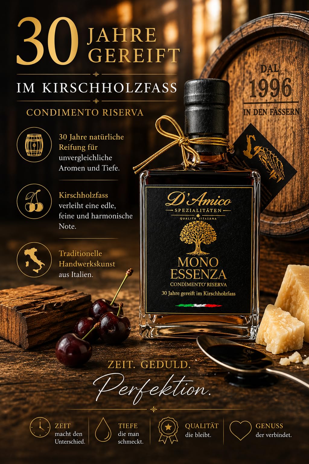 D'Amico Mono Essenza Condimento Riserva – 100 ml | 30 Jahre im Kirschholzfass gereift, Außergewöhnliche Dichte durch natürliche Reifung