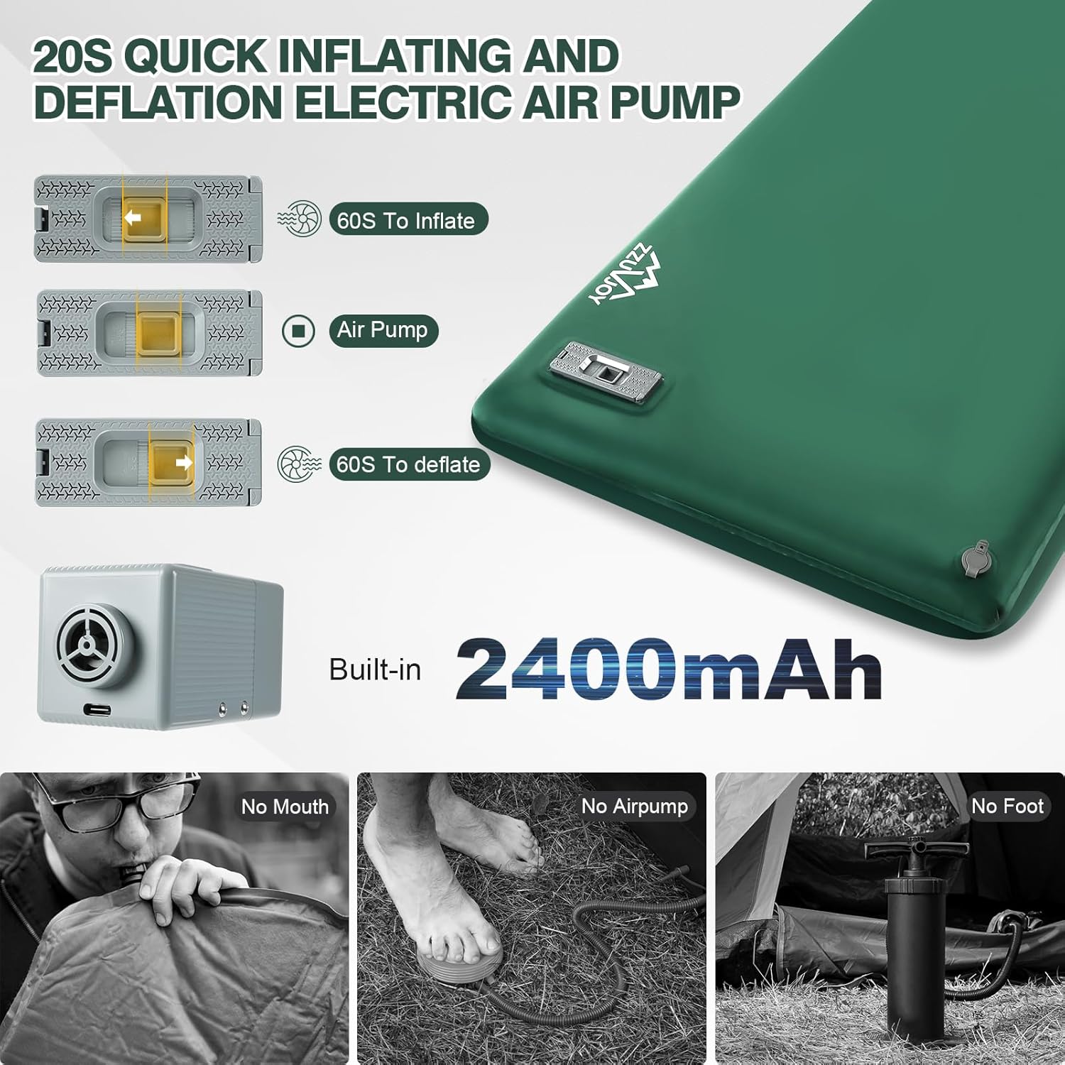 Self Inflating Sleeping Pad with Electric Pump, 3.15" Ultra-Thick Memory Foam Sleeping Mat with Pillow, 4-Season Camping Mattress with Pillow for Tent Car Travel