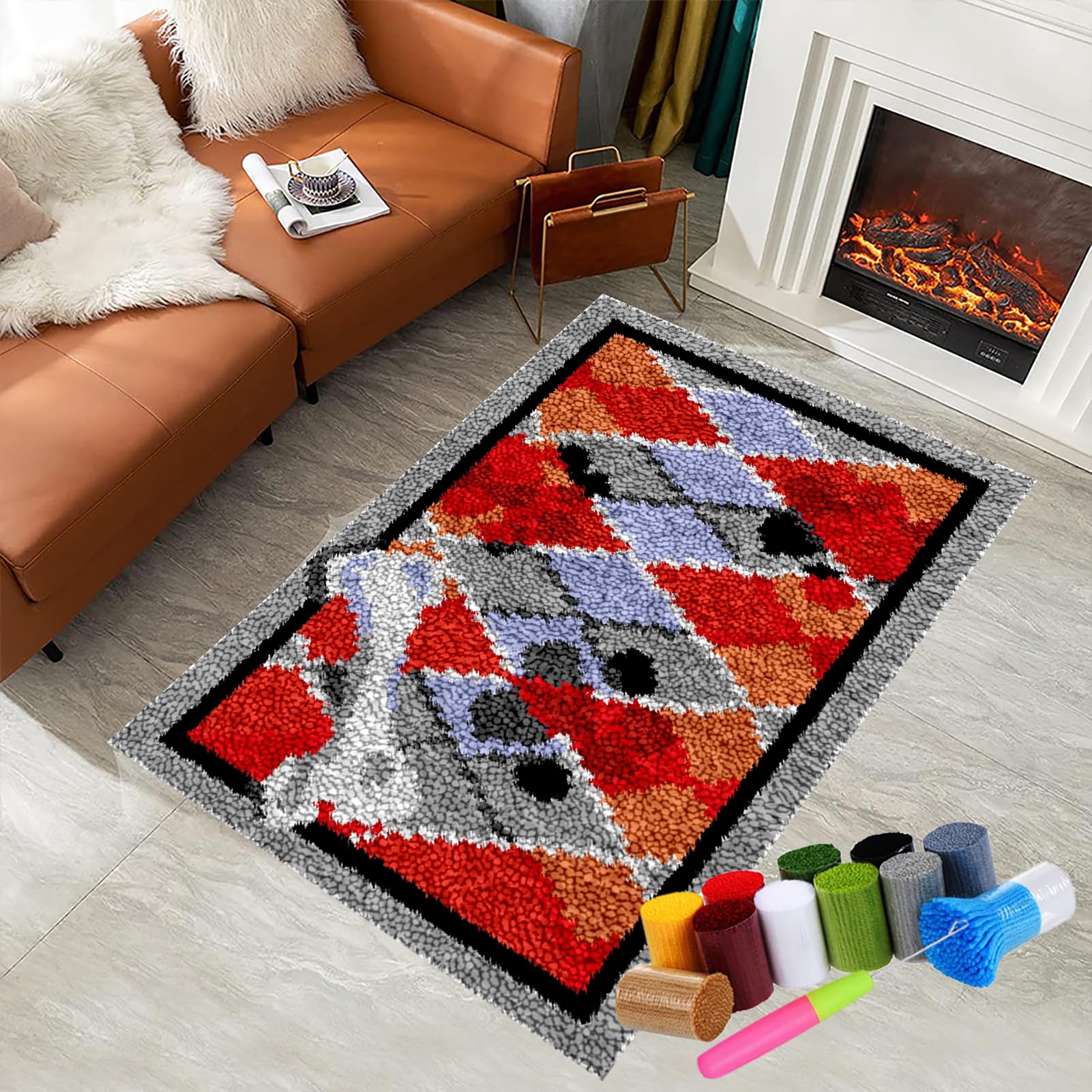 Latch Hook Kits for Adults Beginners, Tapestry Kits, Latch Hook Rug Kit for Home Décor, DIY Rug Making Kit for Adults with Printed Patterns, Canvas Yarn Latch Hook Kit, Crochet Kit 80 x 115 cm