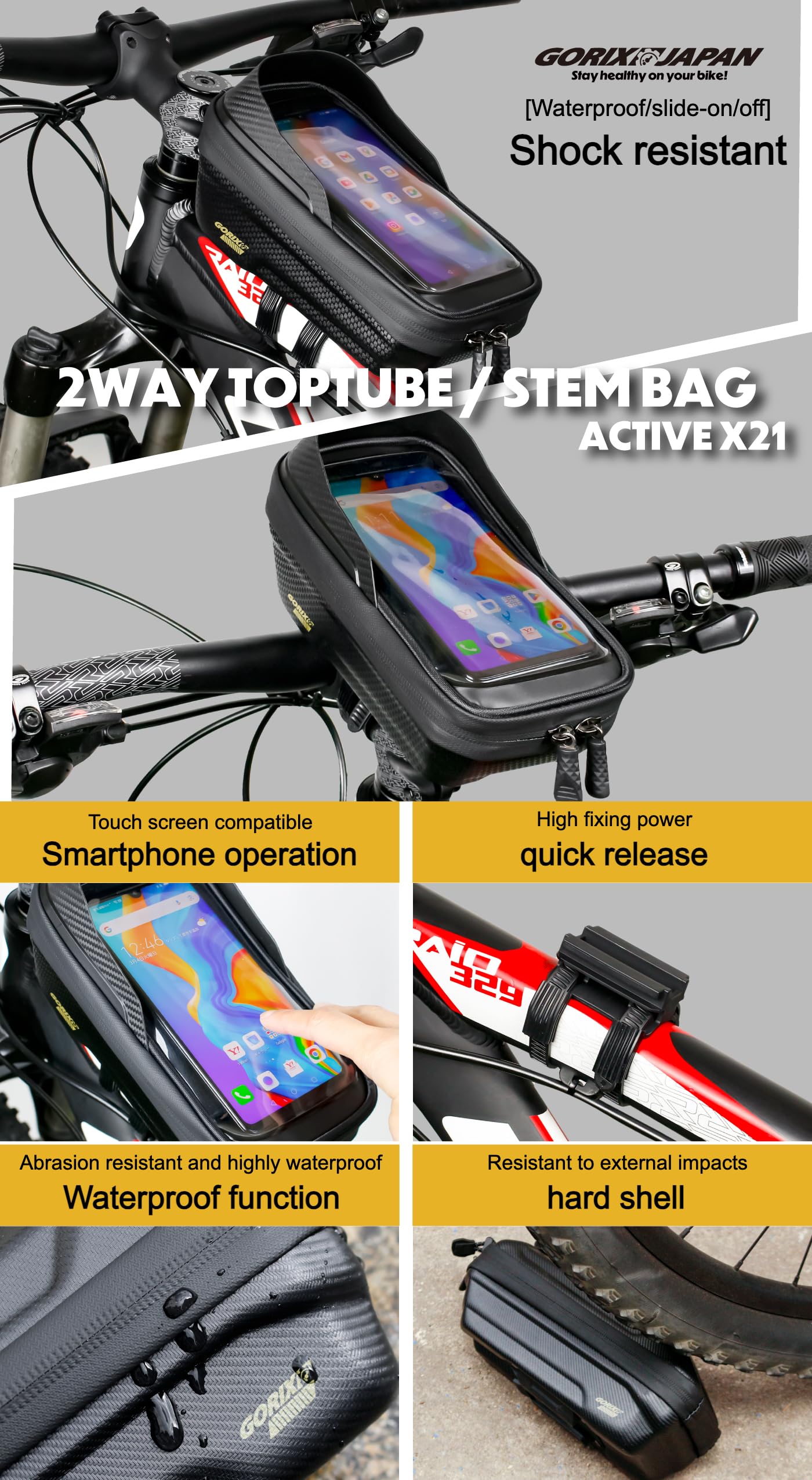 GORIX Sacoche de Tube supérieur, Sacoche de Potence, Sacoche de Cadre de vélo de Route et de Montagne, étanche à 2 Voies, Grande capacité (Active X21)