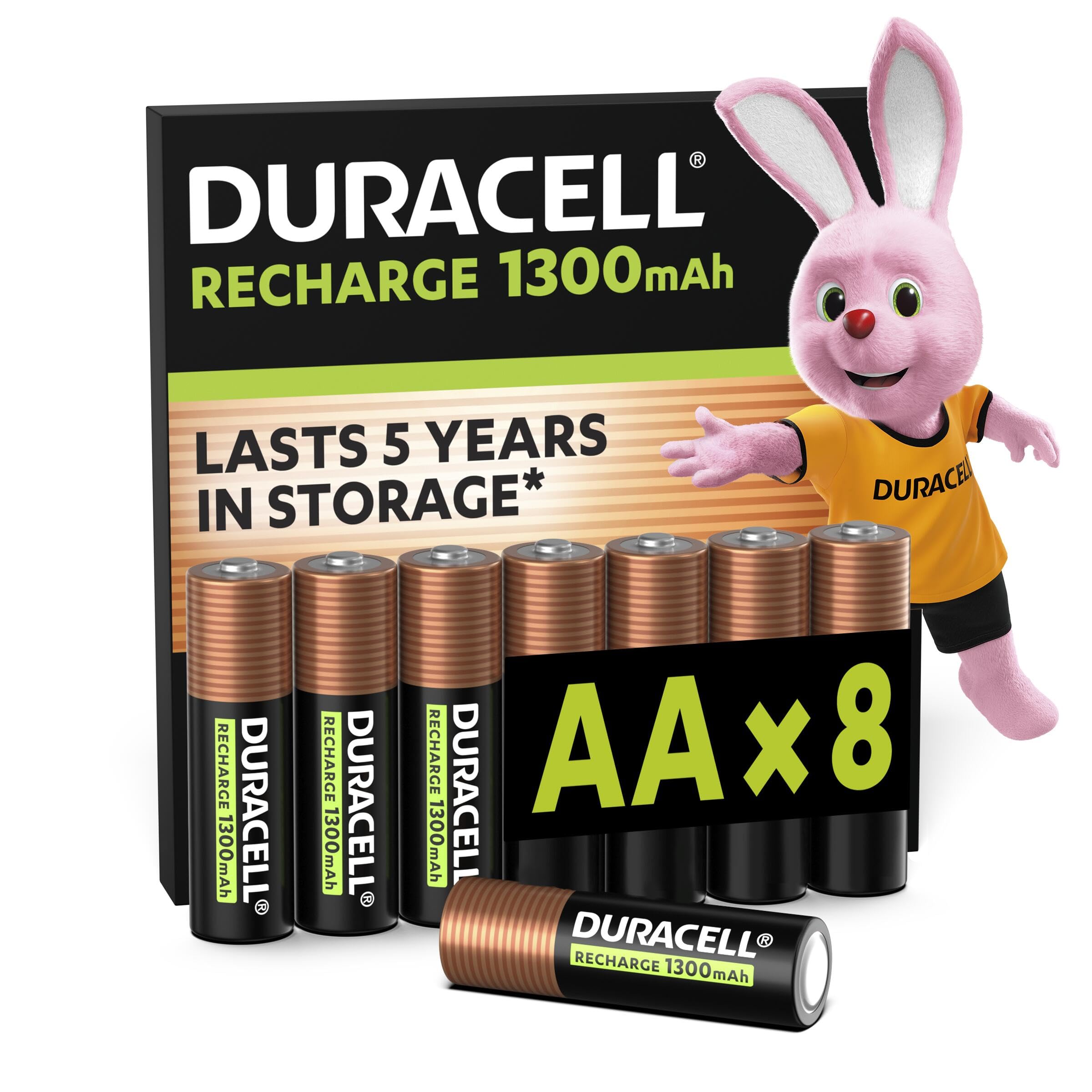 Duracell AA Rechargeable Batteries (Pack of 8), 1300 mAh NiMH, 2000 Cycles, pre-Charged, Long Lasting Power with a 0% Plastic 100% Recyclable Packaging