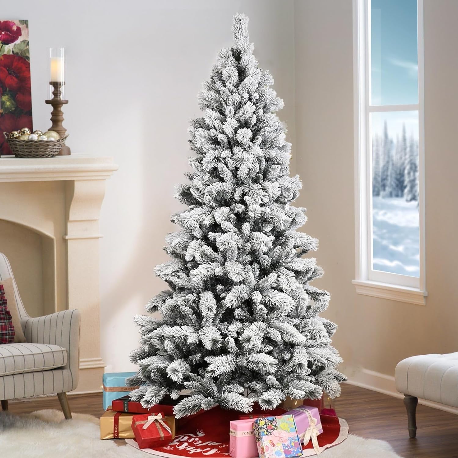 5 Ft Unlit Snow Flocked Christmas Tree, Artificial Xmas Tree with 518 PVC/PE Realistic Branch Tips, Metal Stand Decor for Holiday, Party, Home Easy to Assemble