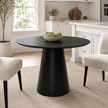 45" Round Dining Table for 4-6, Black Dining Room Table | One-Piece 1 Tabletop, Black Wood Grain Finish, Stable Pedestal Base, Space-Saving, Ideal for Kitchen Dining Room