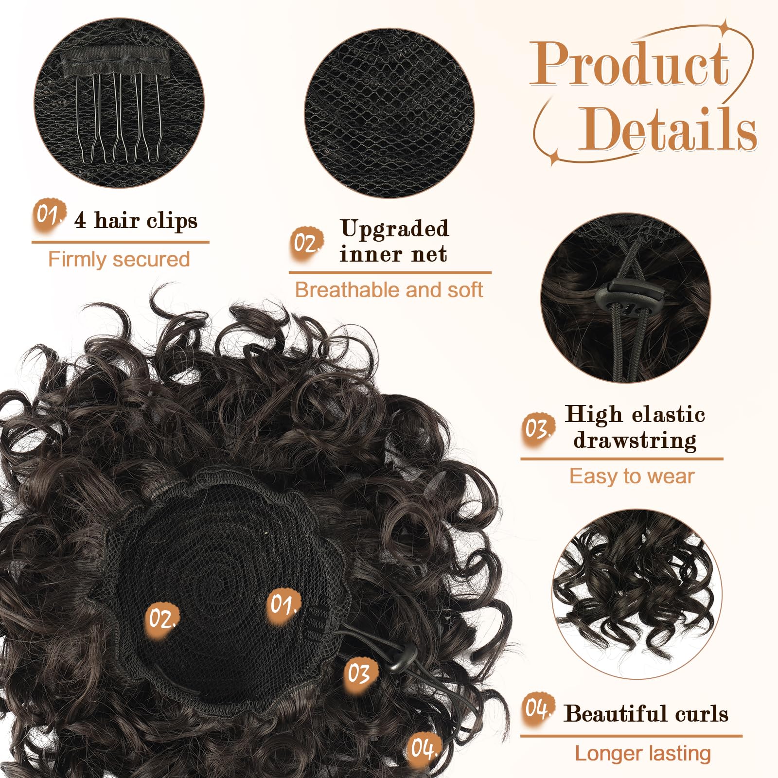 RUWISS Chignon Postiche Cheveux Grande Postiches Bouclés Ondulés Naturel Synthétique Chouchou Postiche de Cheval Chignon Elastique Cordon de Serrage pour Femmes Fille (80g Noir Marron)