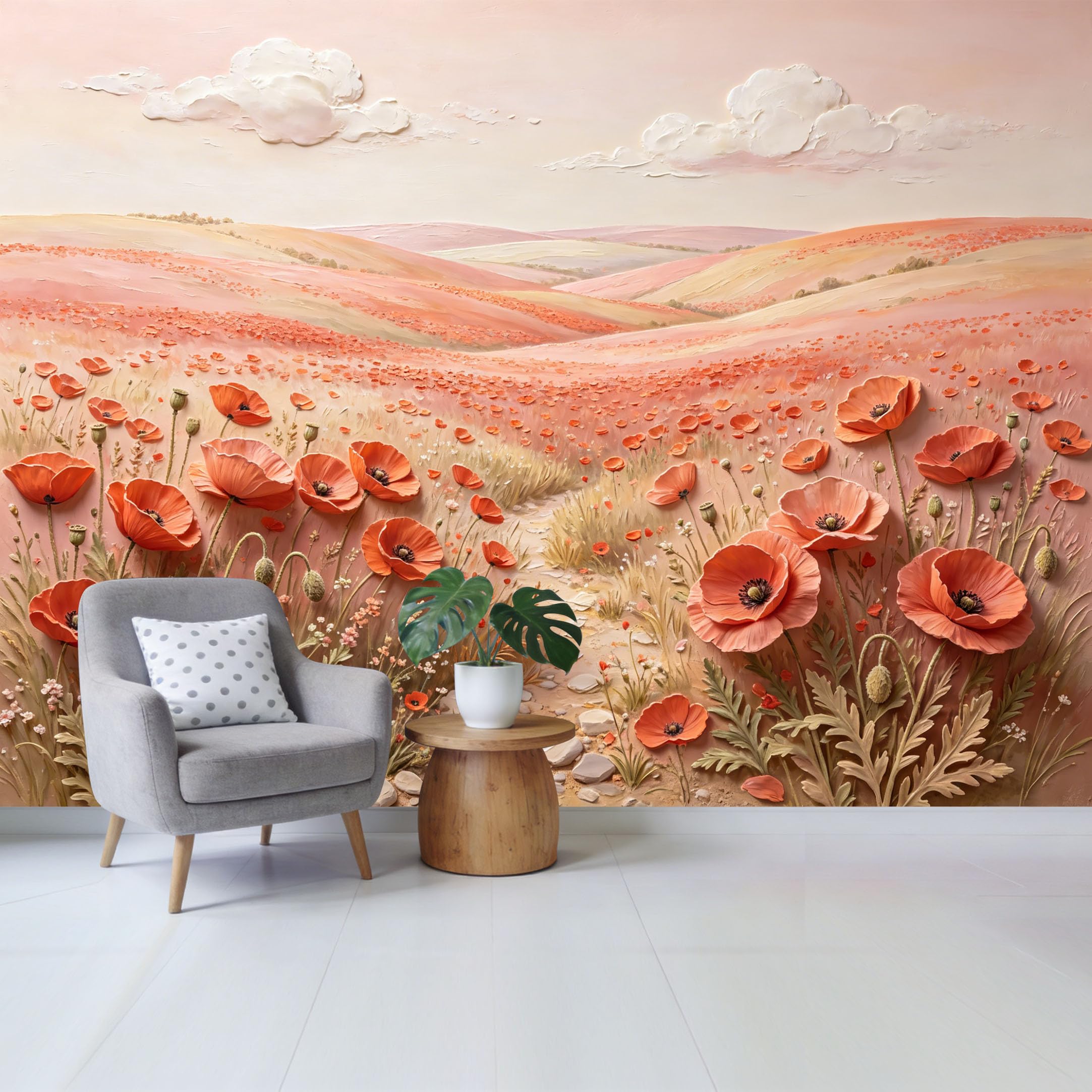 Qzlithotic Yq2605250520 Custom Size Wall Mural Pastel Red Flower Meadow Rolling Hills Textured Oil Painting Selfadhesive Wall Fabric Removable Wallpaper For Home Office Decor