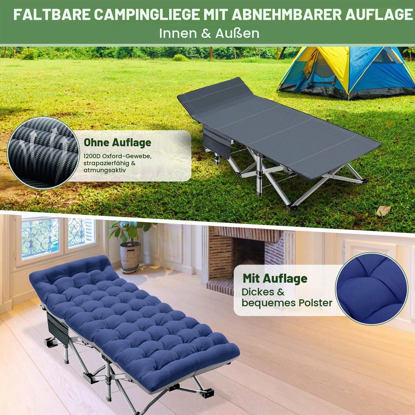 MOPHOTO 70x190x36cm Einzel Klappbar Feldbett mit Dünn Auflage | 200KG Ladung Schwerlast-Campingbett, Rahmen aus Kohlenstoffstahl & Oxford-Gewebe, Tragbares Outdoor Bett für Erwachsene