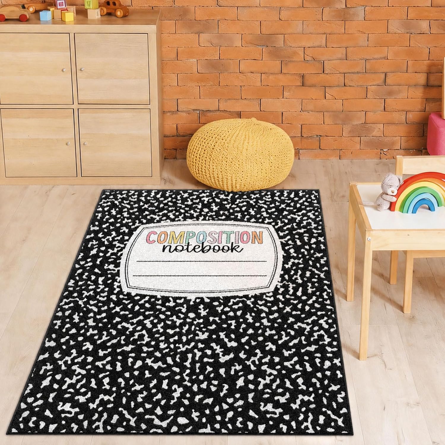 3.3x4 ft Composition Notebook Classroom Rug Educational Area Rug Back to School Floor Mat Composition Notebook Classroom Decor Non-Slip Play Carpet for Nursery Playroom Bedroom Living Room