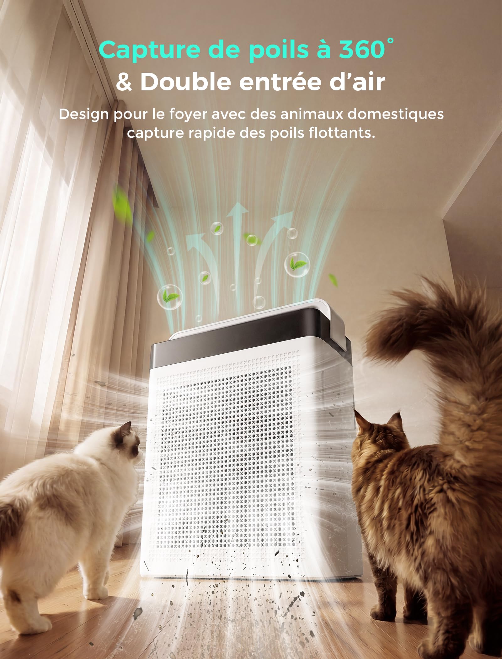 Purificateur d'Air Maison 2500 pi², HEPA Double Entrée d’Air Filtration Préfiltre lavable, Éfficace contre Allergies et Odeurs, Capteur Intelligent de Qualité d'Air pour Bureau Chambre