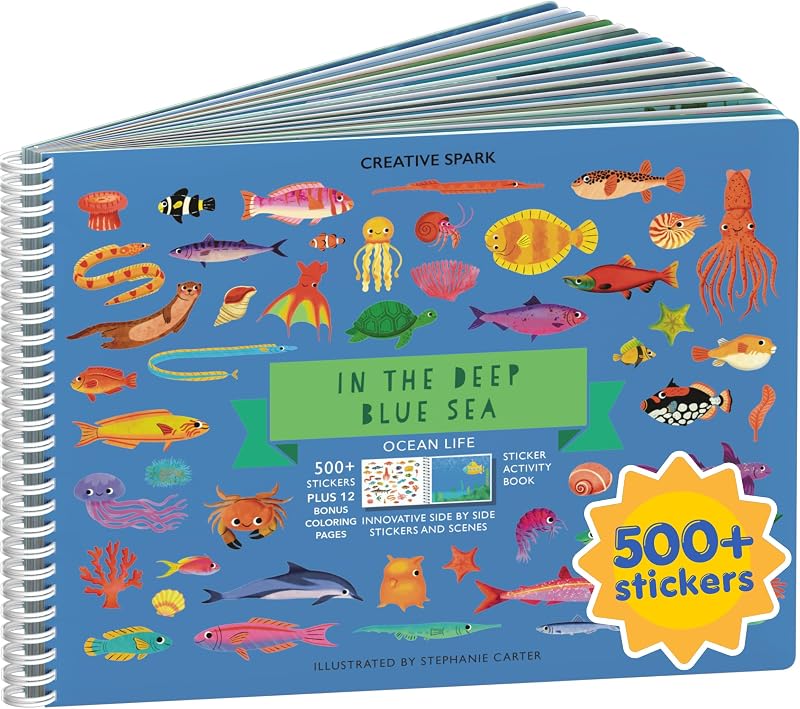 Ocean 500+ Kids Sticker Book by Cupkin Toddler Airplane Travel Activity Coloring and Sticker Book, Road Trip Essentials, 12 Coloring Pages 12 Scenes for Ages 2–8 Years