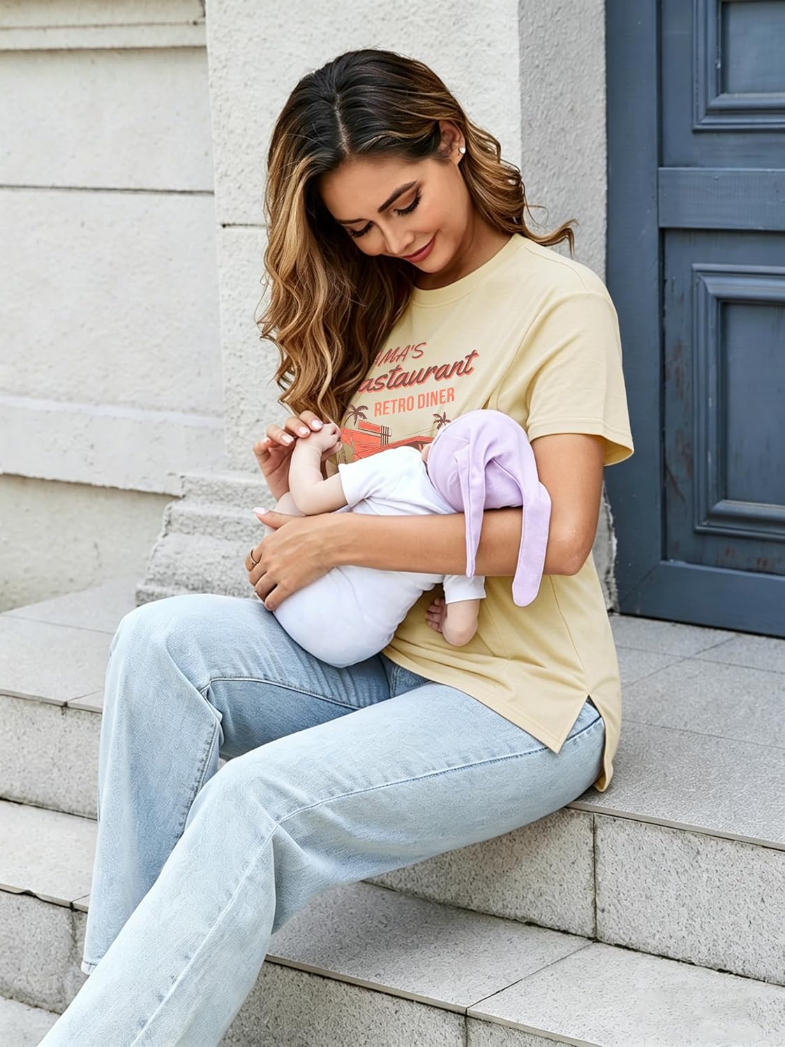 LUKYCILD Breastfeeding Shirts for Women Hidden Zippers Nursing Shirt Side Split Maternity Tees Funny Graphic Short Sleeve Top