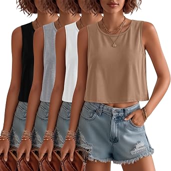 Neer 4 Pack Womens Crop Tops Loose Fit Tank Tops Sleeveless Top Basic Summer Cropped Athletic Casual Workout Crew Neck Shirts