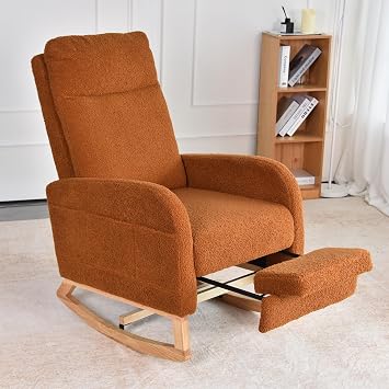 Rocking Chair Nursery with Foot Rest, Sherpa Nursing Rocking for Mom Nursery Rocker Chair with High Backrest, Armchair Rocker Glider with Side Pocket for Living Room, Bedroom, Teddy Brown
