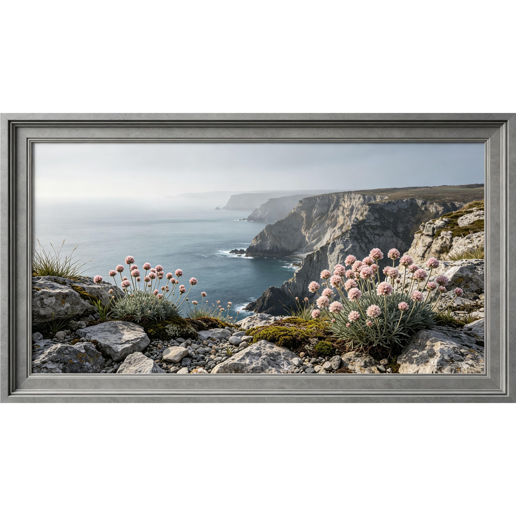 QZLITHOTIC 50×90cm3D Framed Wall Art， Coastal Cliff Ocean Wildflowers Self?Adhesive Mural， Water?Activated Peel & Stick Fabric Decor Wall Decal for Bedroom Living Room