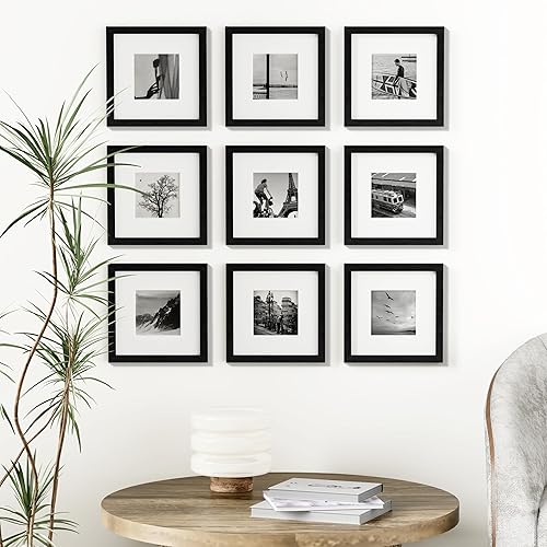Vista 587 de Vittanly - Juego de 9 portarretratos, plexiglás resistente a rupturas, exhibe fotos de 12 x 12 pulgadas o, con paspartú, de 8 x 8 pulgadas, marcos