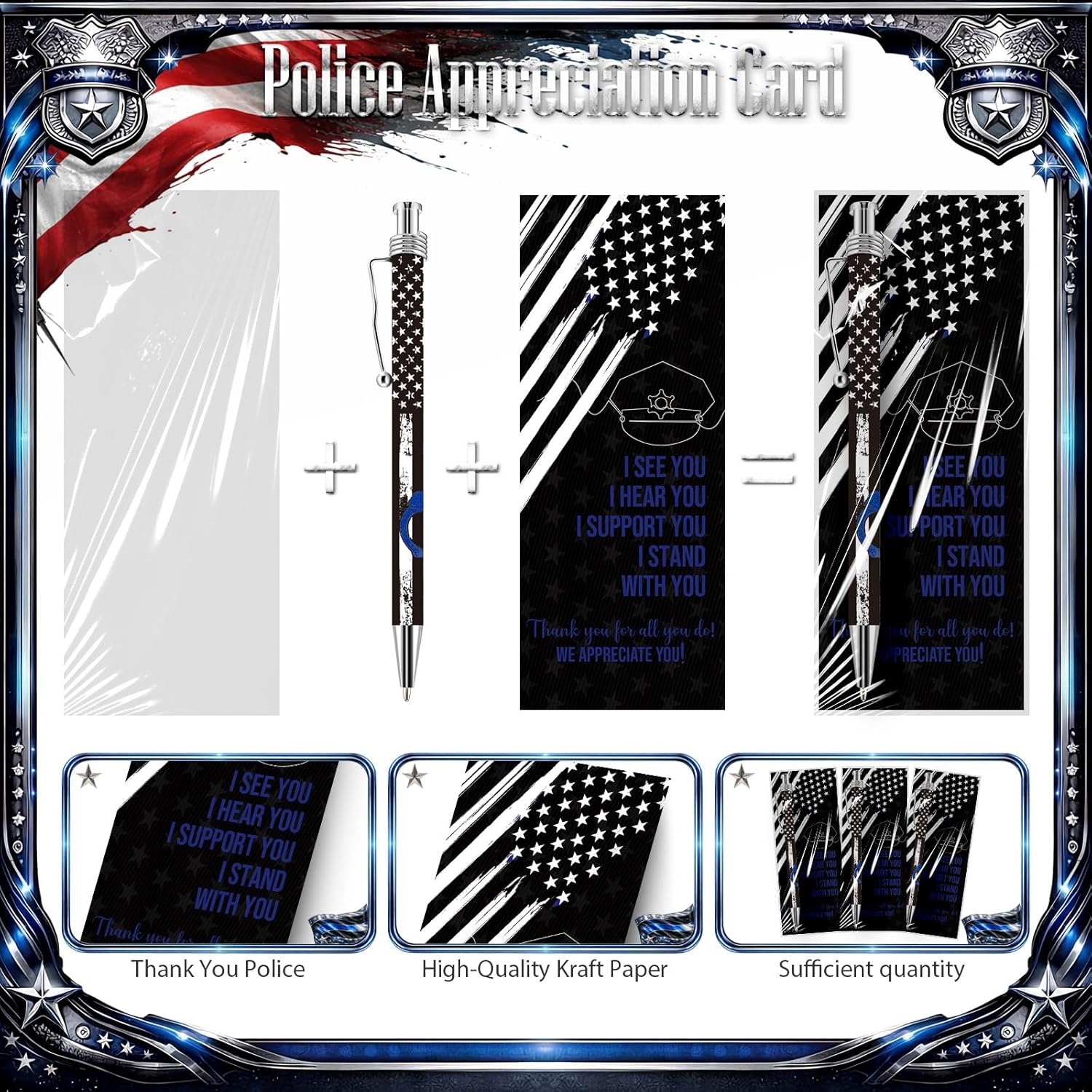 Tenceur 100 Set Police Officer Gifts Bulk Police Writing Ballpoint Pen and Thank You Bookmark and Bags Appreciation Gift for Women Men Policeman Officer Sheriff Law Enforcement Academy Graduation