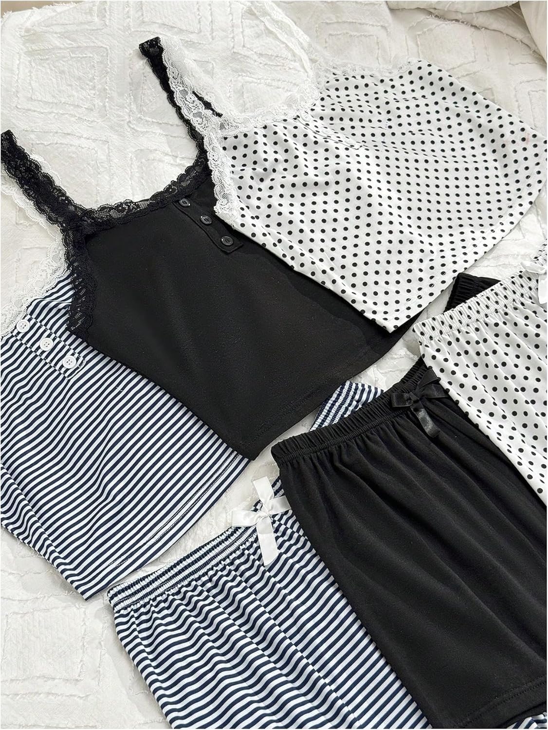 SOLY HUX Women's Short Pajamas 6 Piece Lace Lounge Set Printed Sleeveless Sleepwear