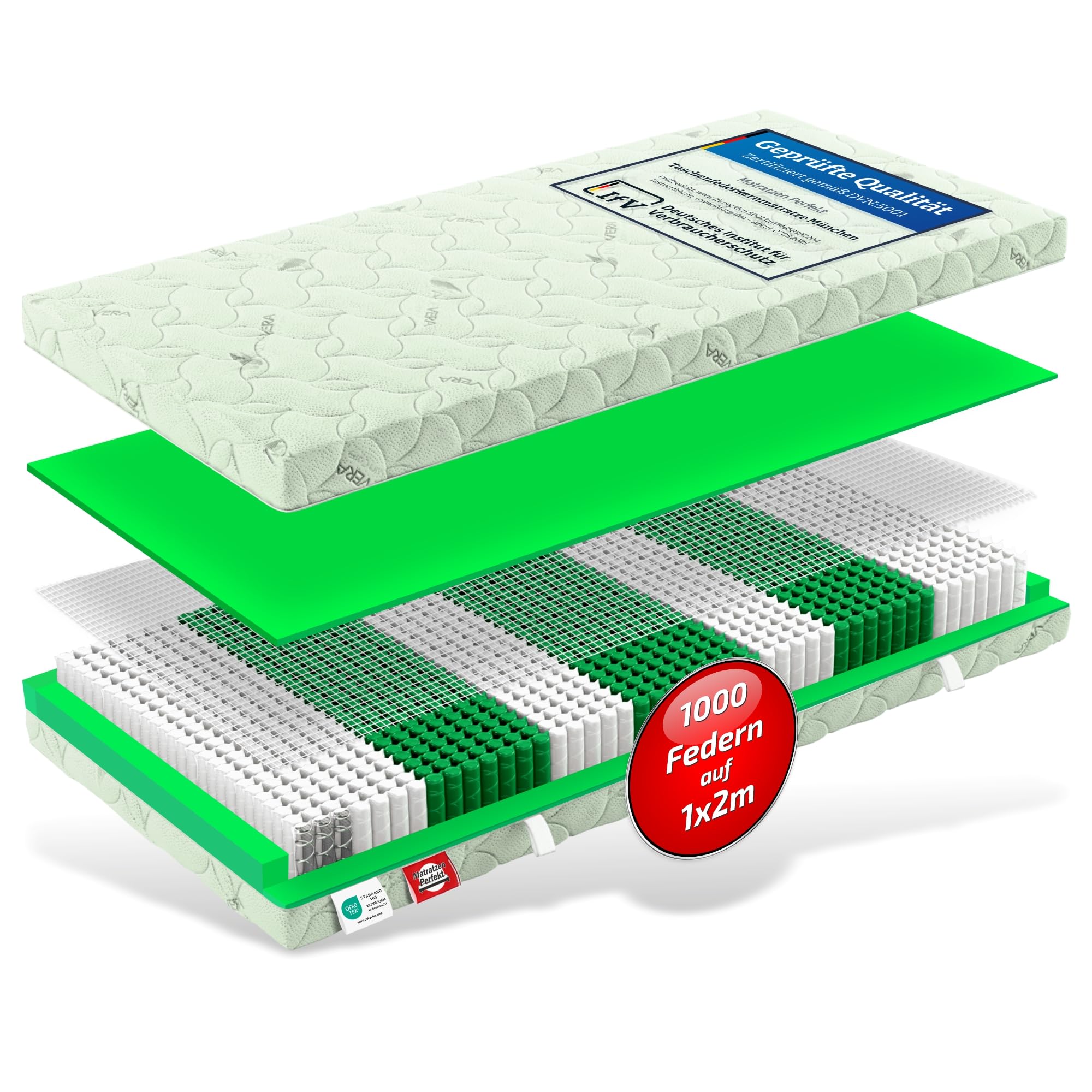 Matratzen Perfekt 7-Zonen Taschenfederkernmatratze Mnchen 90x200 cm H3  Hhe 23 cm 1000 Federn Aloe-Vera Bezug atmungsaktiv Allergiker geeignet  ergonomisch orthopdisch : Amazon.de: Kche, Haushalt & Wohnen