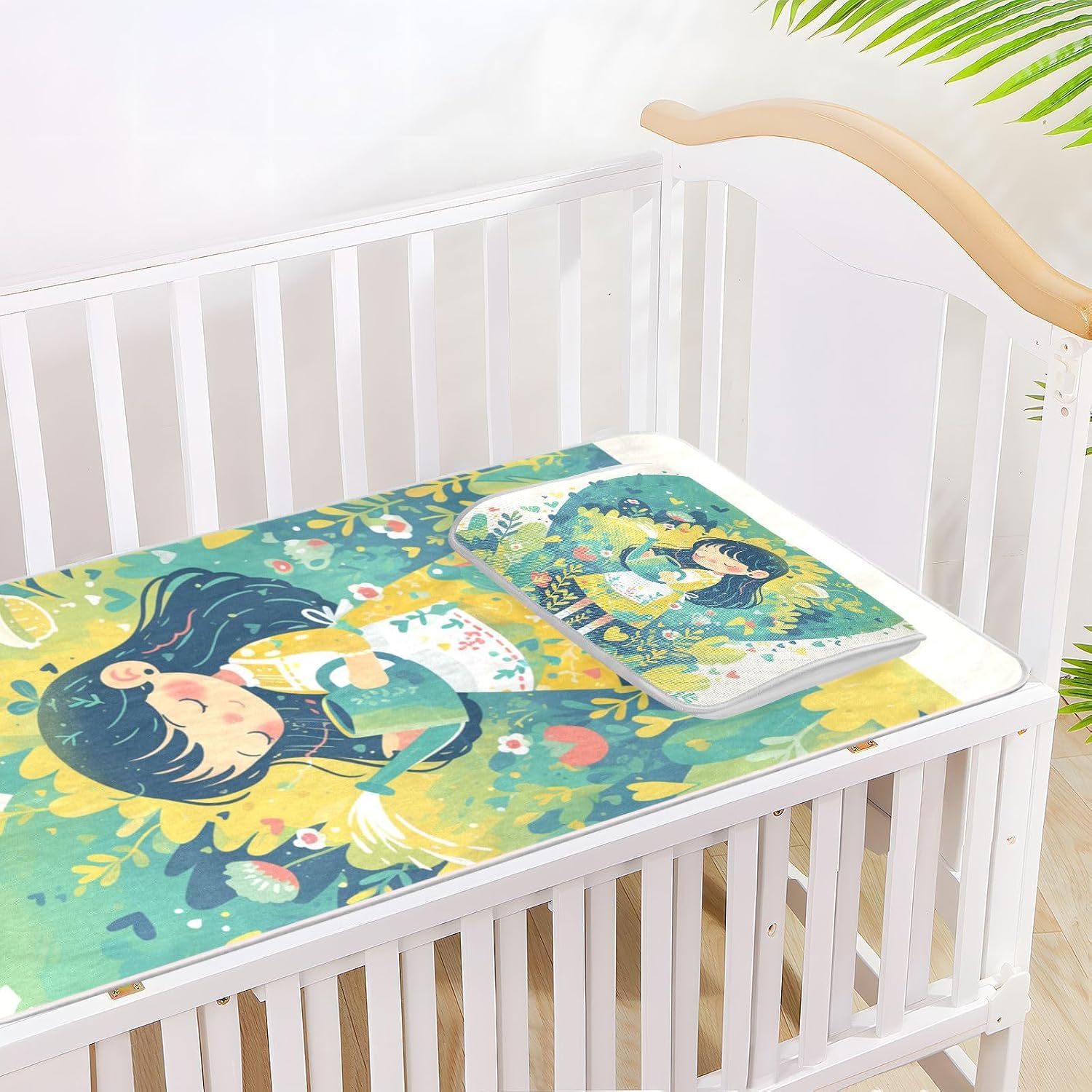 Cartoon Cute Girl Green Cooling Baby Fitted Crib Mattress 28" x 52" Ultra Soft Pads Washable Waterproof for Kids, Adult