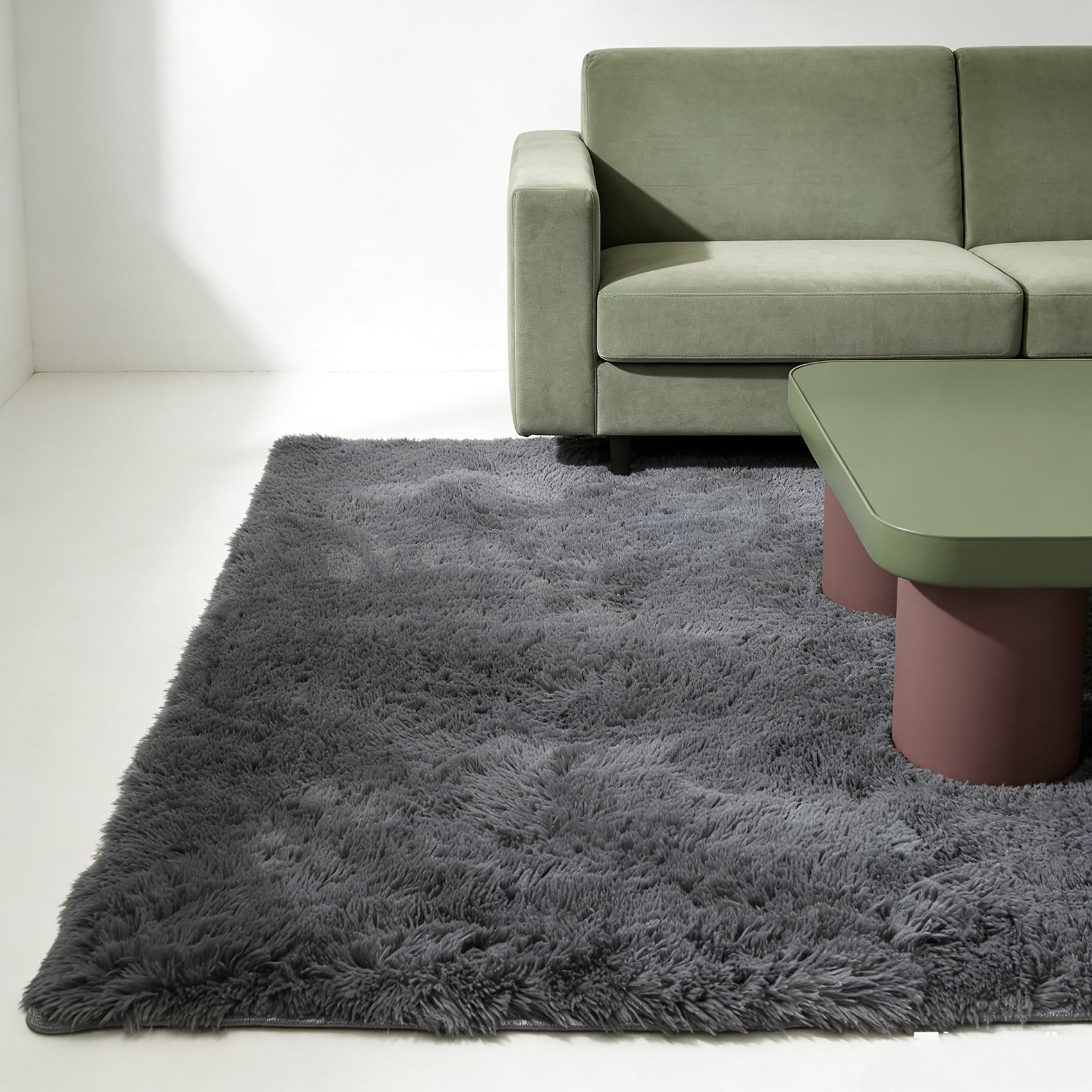 Tapis de salon élégant à poils longs gris 187x190 cm structure haut de gamme