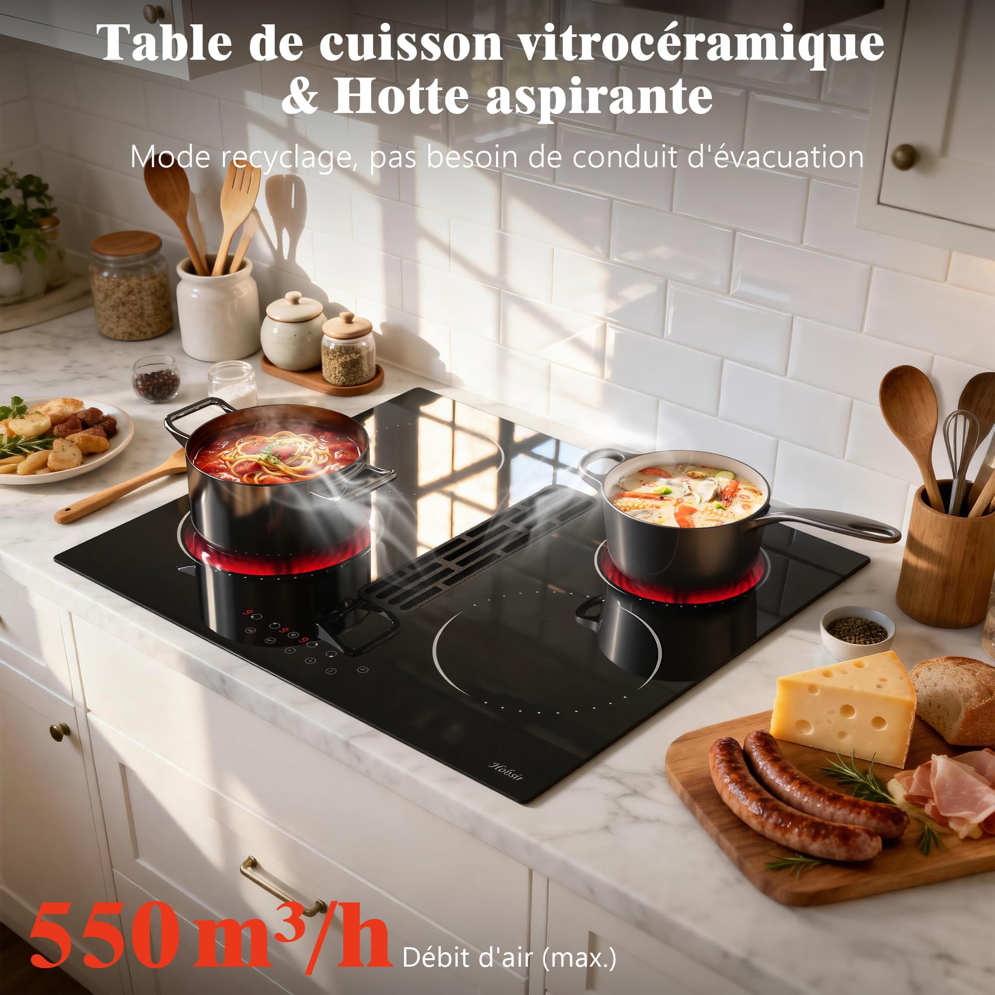 Hobsir Piano Cottura in Vetroceramica 4 Fuochi con Cappa Aspirante, Funzione Convezione, Piano Cottura Elettrico da Incasso 60CM, 6000W, Funzione Pausa, Blocco di Sicurezza, Timer, 220V
