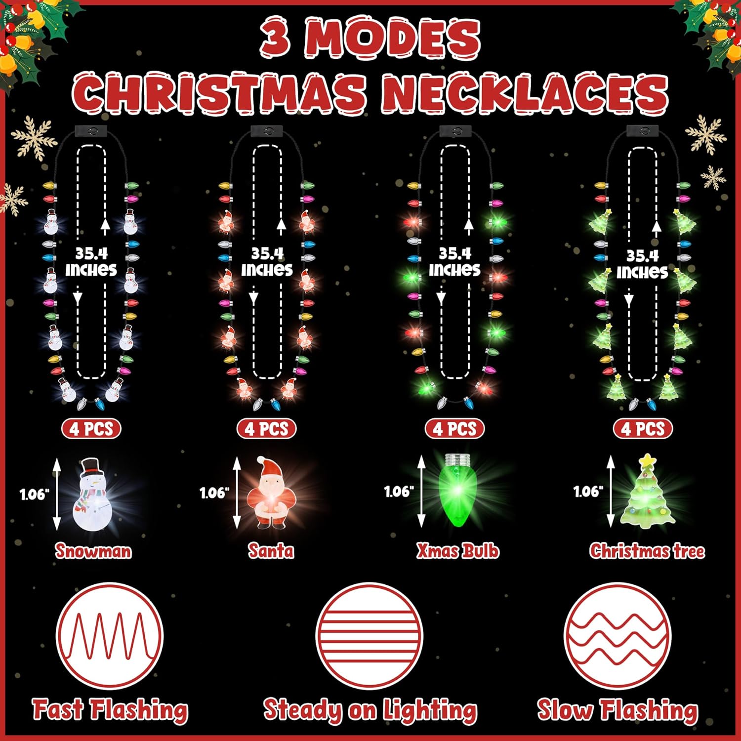 Christmas Party Favors, Christmas Light Necklace, Xmas Accessories Colorful Bulbs, 3 Modes Light Up Necklace Santa Claus Xmas Trees Snowmen Adults Supplies Decor