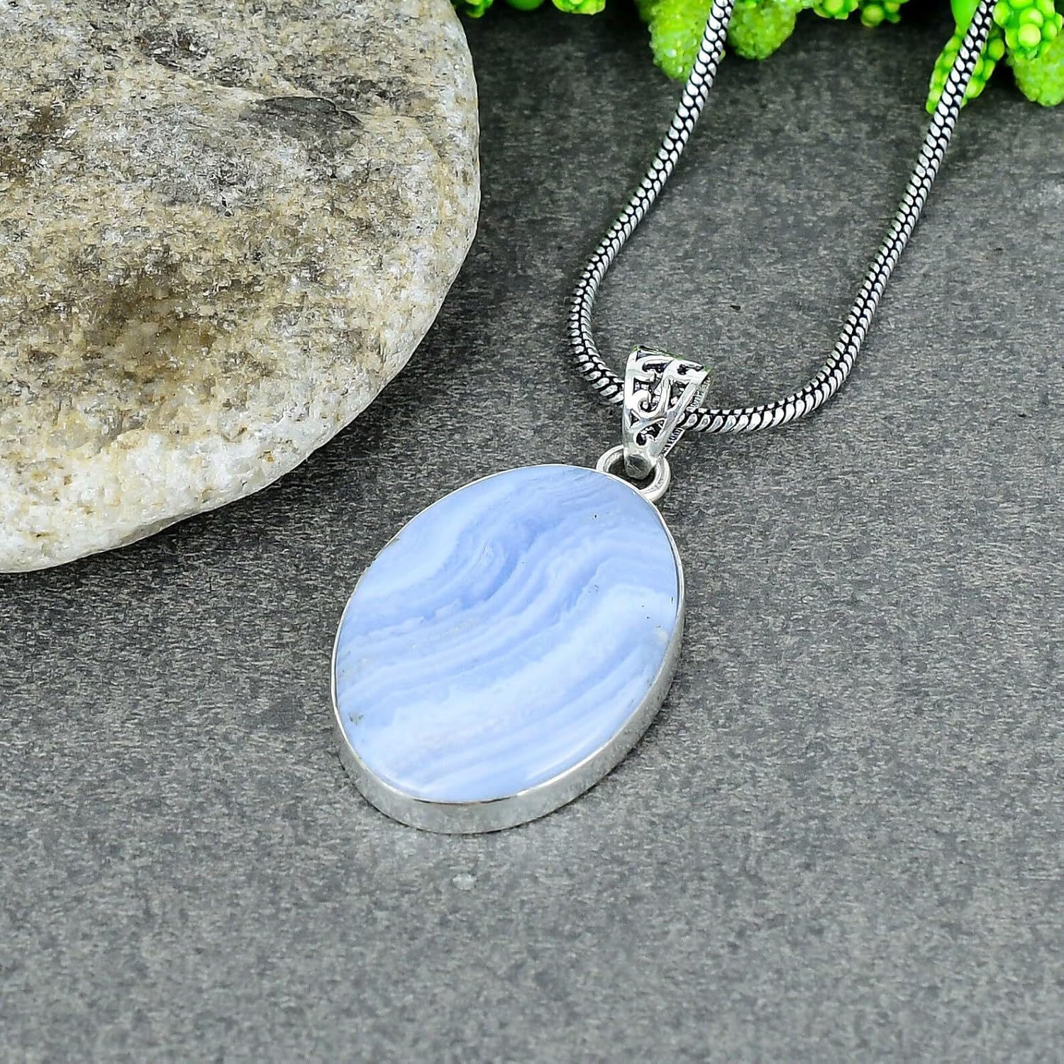 925 Sterling Silver Blue Lace Agate Pendant Necklace - Boho Gothic Southwestern Style Promise Jewelry Gift for Women and Men, 20 * 30 MM Oval Gemstone Charm