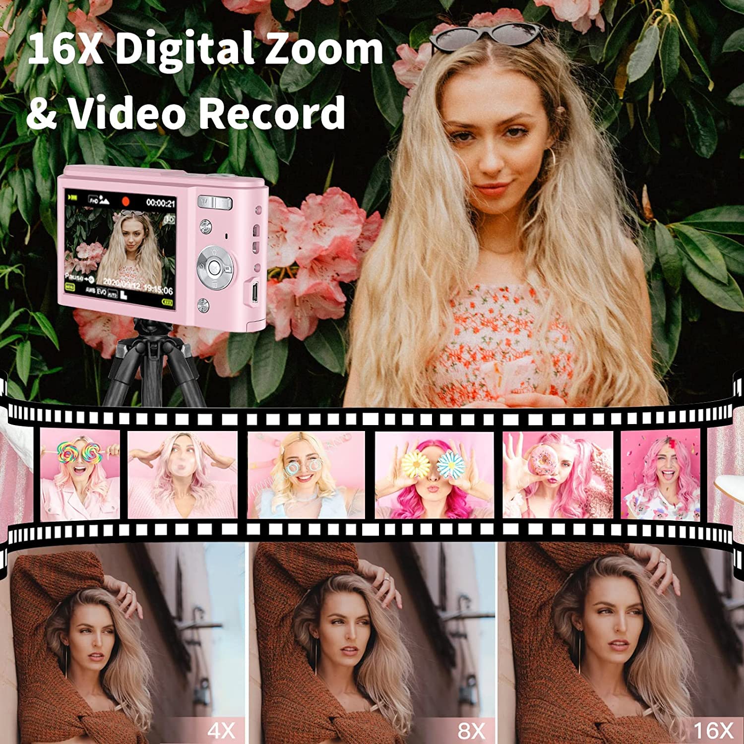 Aparat cyfrowy, aparat fotograficzny HD 1080P, 2,4-calowy kompaktowy aparat LCD z 16-krotnym zoomem cyfrowym, wydajne aparaty fotograficzne, przenośna mini kamera dla dorosłych, początkujących