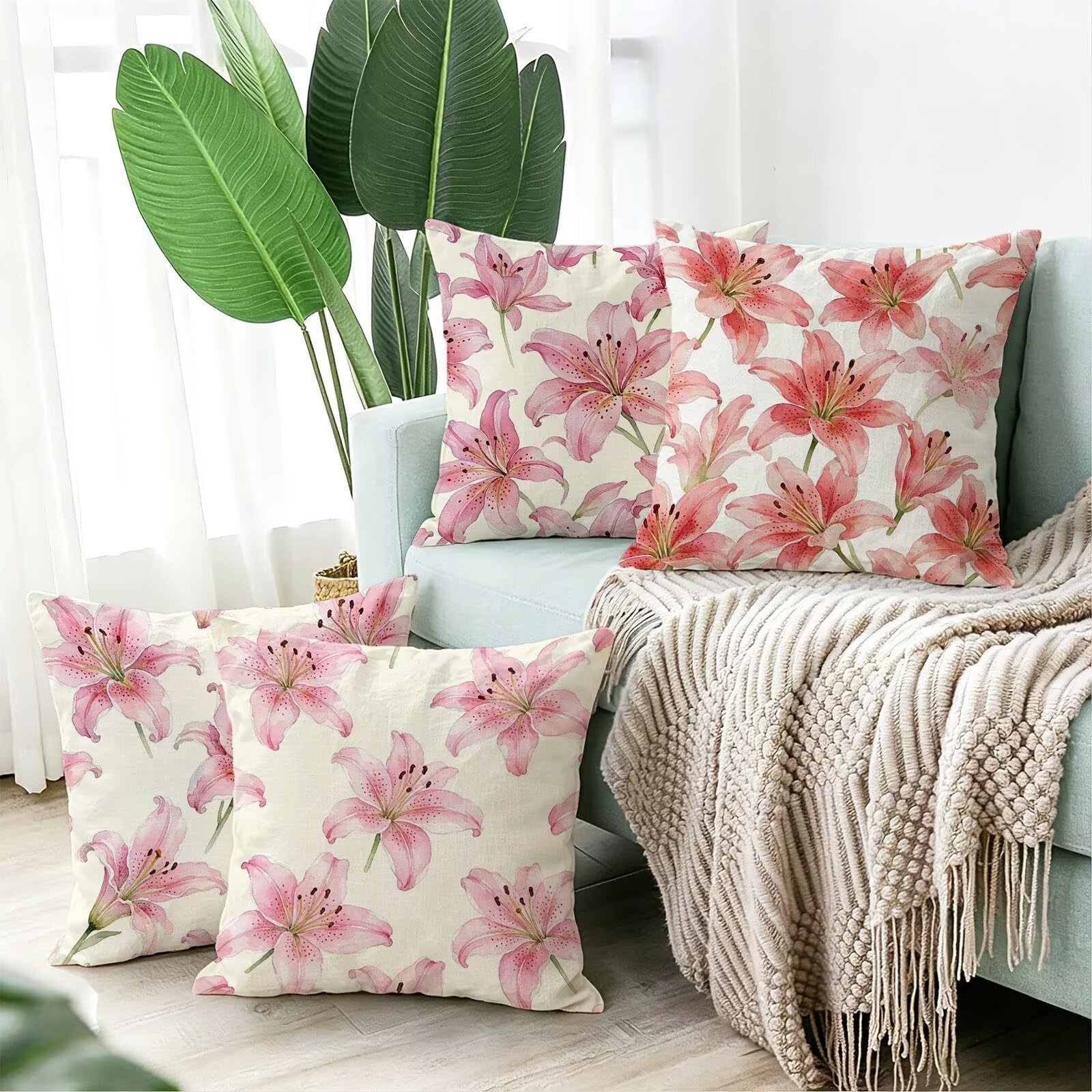 Rosa Federe Cuscini Divano 60x60cm, Cuscini da Esterno Set de 4, Cod-107 | Velour Copricuscini Decorativi Letto Arredo, per Letto, Soggiorno, Giardino, Esterno, Casa Decorazione Set di 4 Giglio