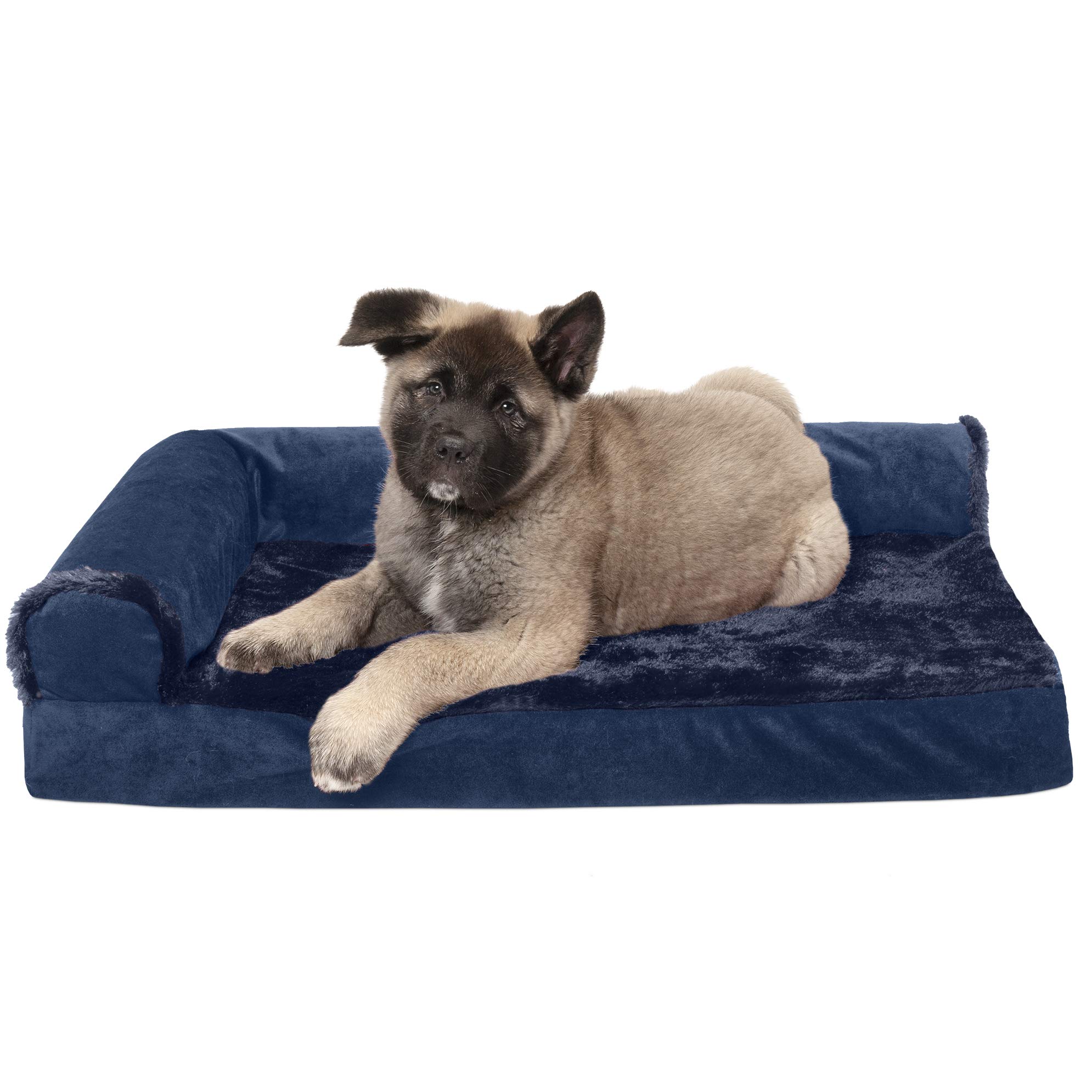 Furhaven Medium Memory Foam Dog Bed Plush & Velvet L Shaped Chaise w/ Removable Washable Cover - Deep Sapphire, Medium