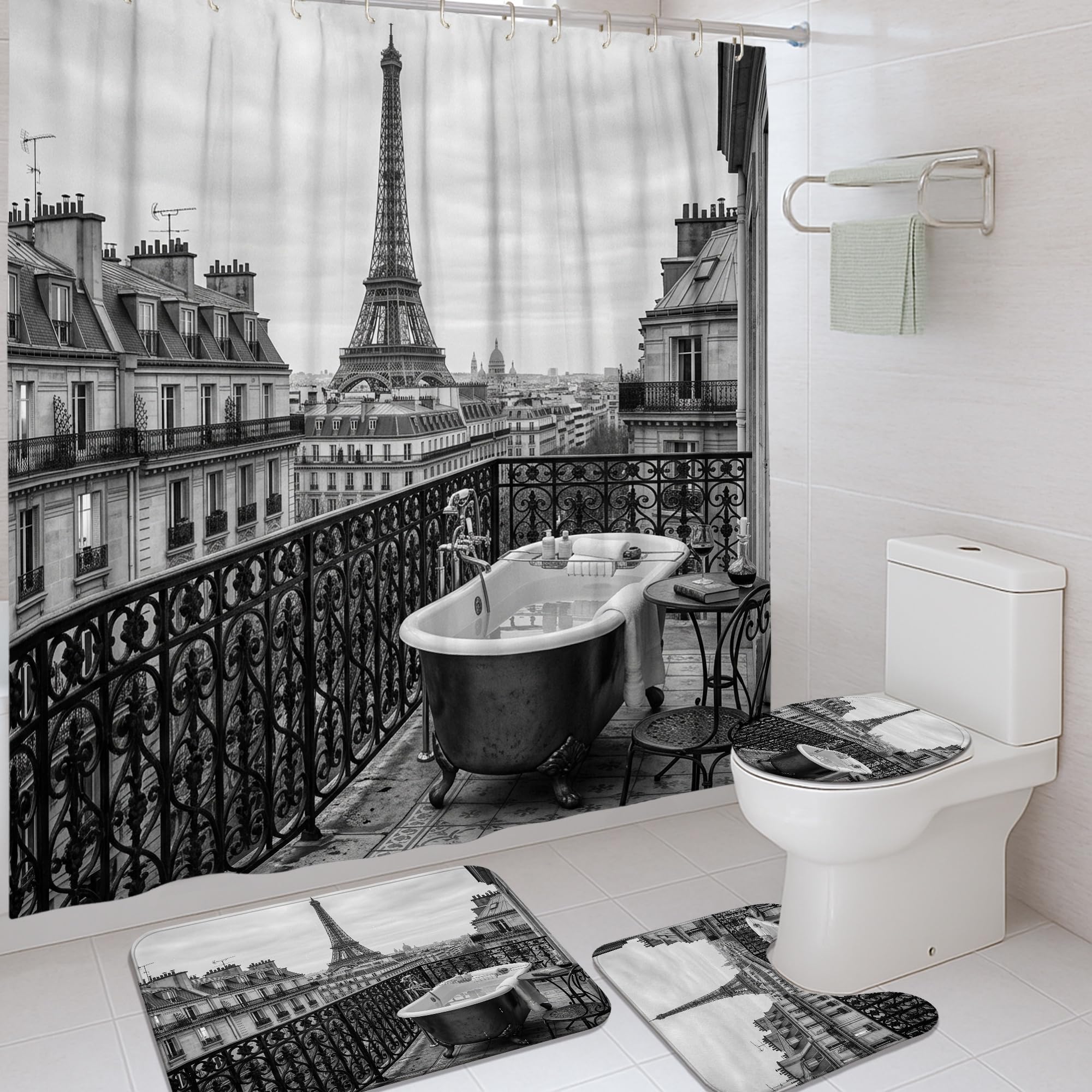 Rideau de douche en toile premium motif Paris noir et blanc avec tapis de luxe
