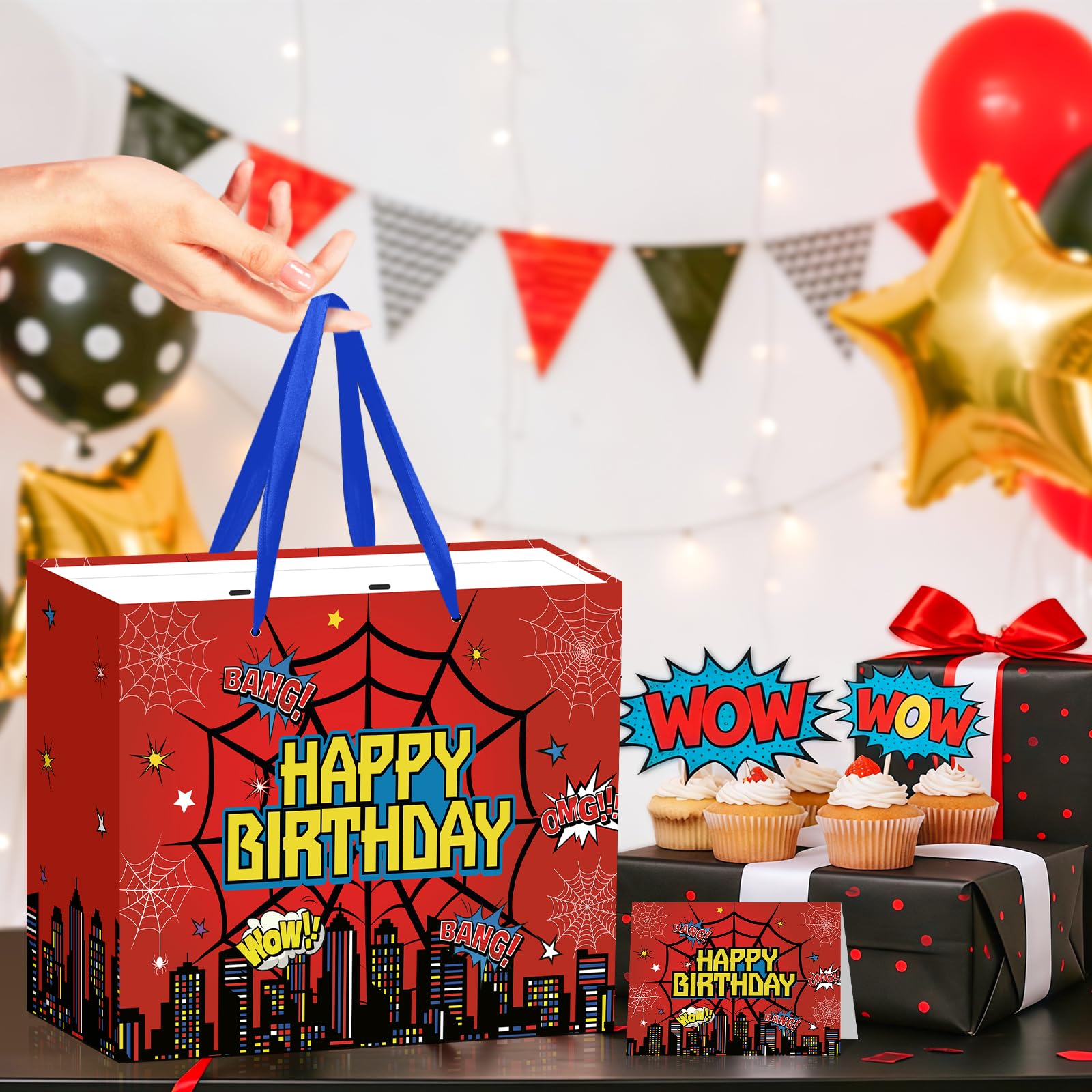 MOORIIY Hero Birthday Gift Bag with Greeting Card and Red Wrapping Paper, Spider Theme Birthday Gift Bag Red Heros Favors Bags for Men Kids Baby Shower Party Decor Supplies