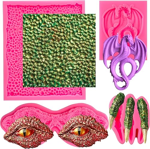 Rainmae Moldes de silicona de dragón, ojos de dragón, garras de dinosaurio Longan, molde de chocolate para hornear pasteles temáticos de dragón,