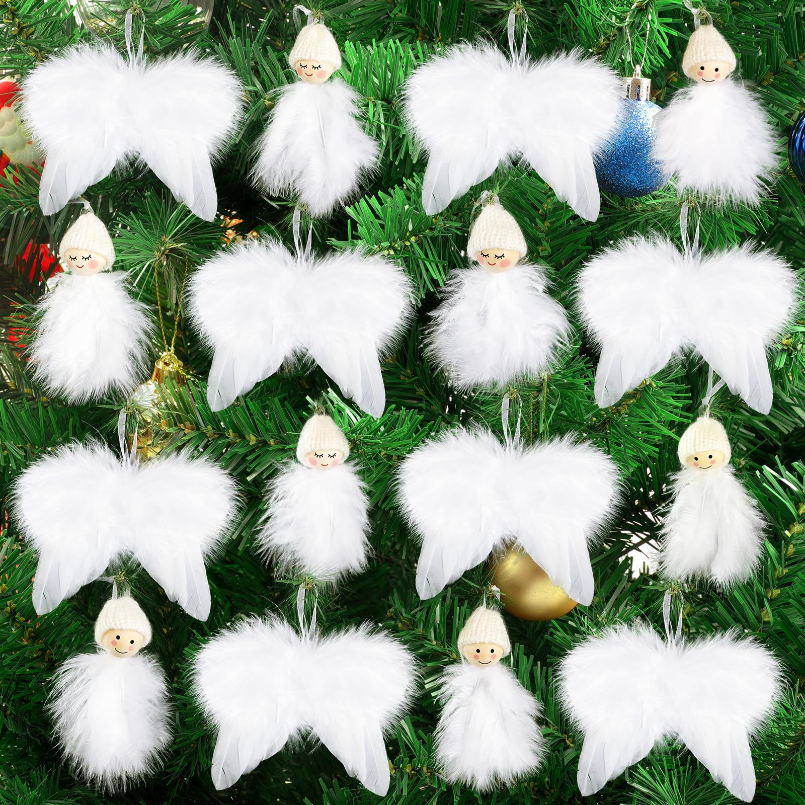 WEVOL Decoracion Navidad Arbol Blanco Pluma, 16 PCS Adornos Colgantes de Alas Ángel Personalizadas, Adornos Navideños Originales para Hogar Fiesta Exterior Interior