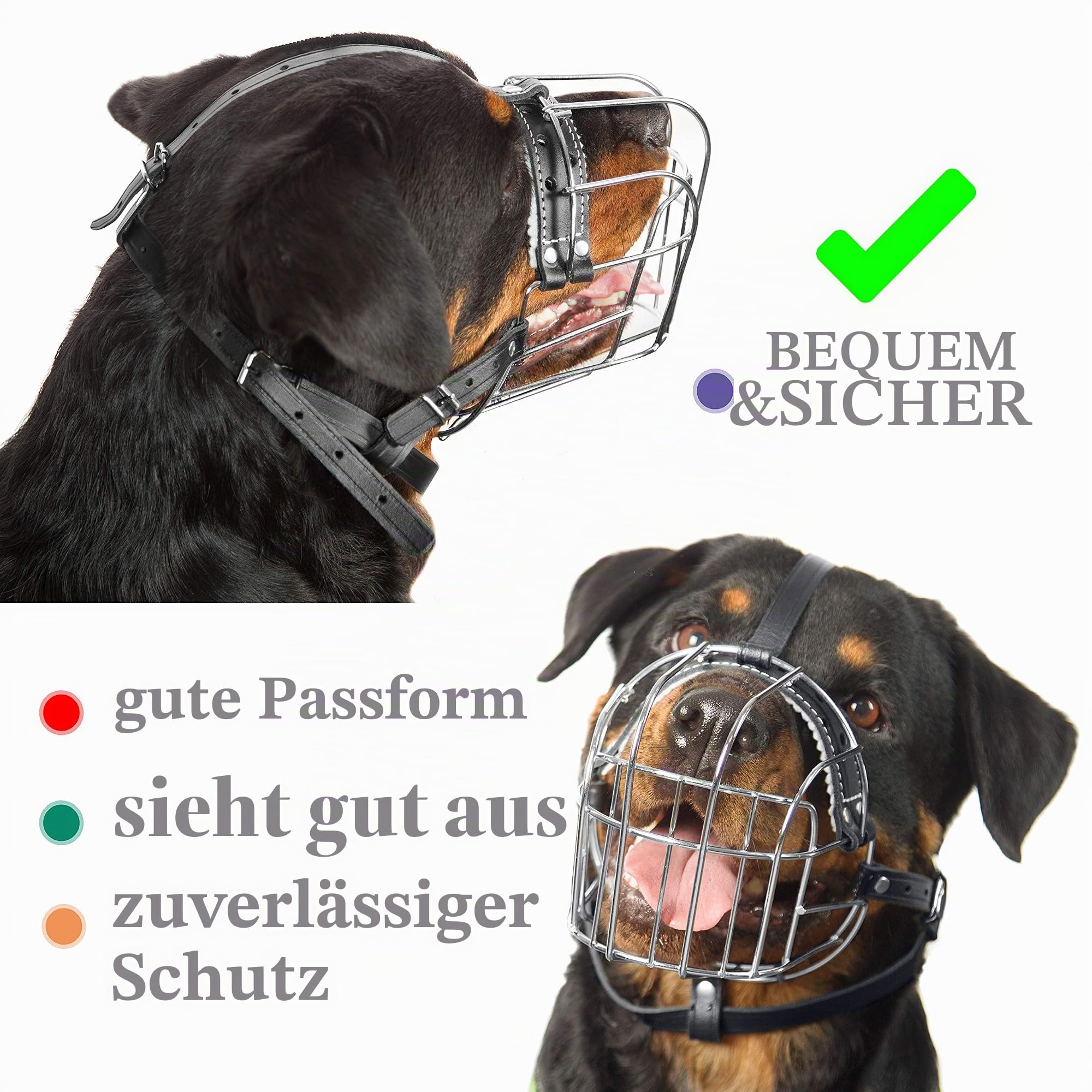 Metall-Maulkörbe für Hunde, Rottweiler, Nr. 3 Drahtkorb, verstellbare Lederriemen, Leder, Verstellbarer Umfang von 26,9–38,1 cm, Länge 6,9 x 9,4 cm