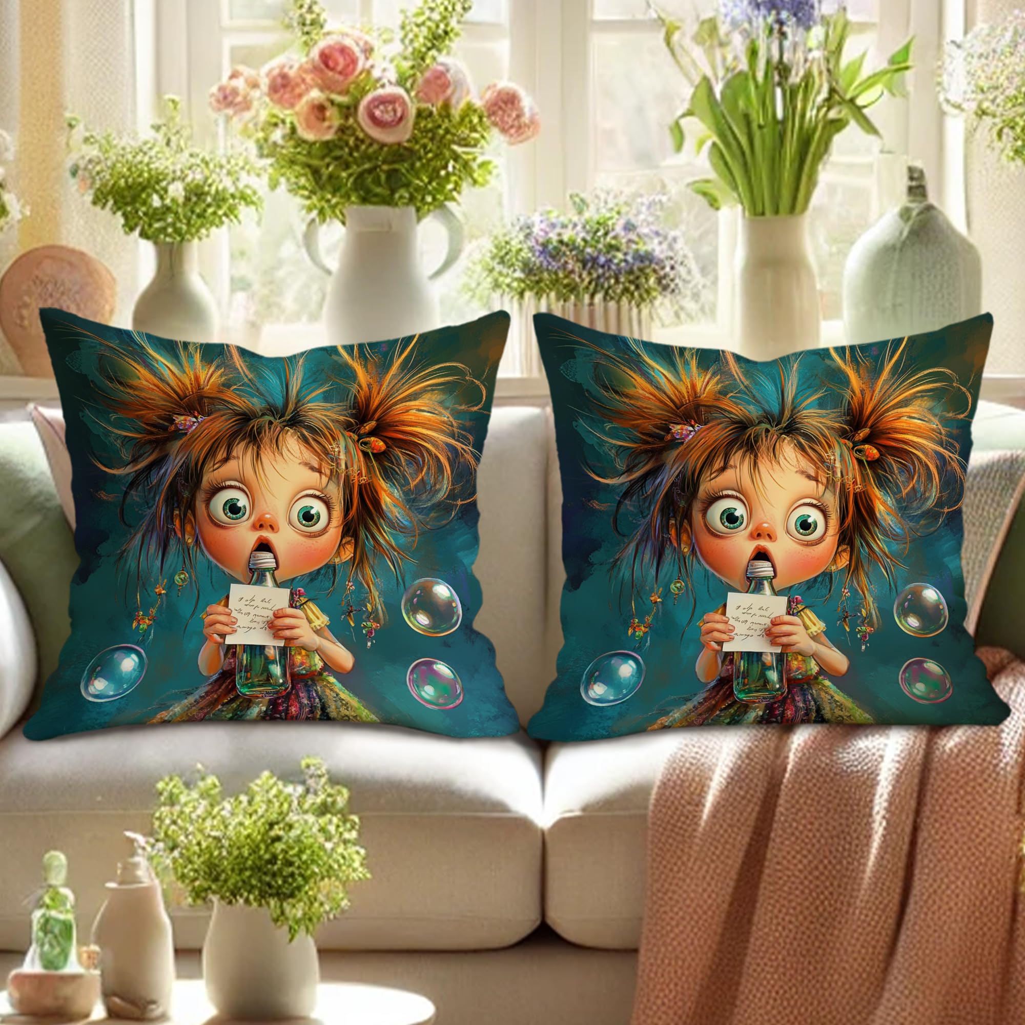Fanciful Pillow Covers Set of 2, Colorful Playful Bubbles Throw Pillows Case, Seasonal Home Decor for Kids Bedroom Sofa Couch 20x20 Inch