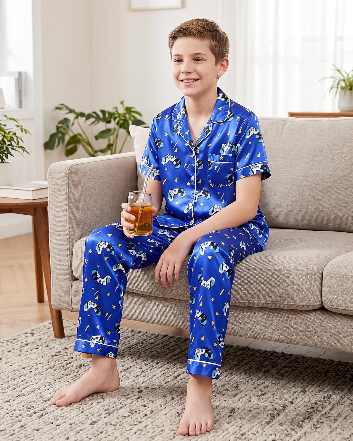 PASHOP Boys Pajamas 3 Piece Boys Satin Pajamas Set Silky Button Down Short Sleeve & Shorts & Pants Pjs Sleepwear Size 8-14